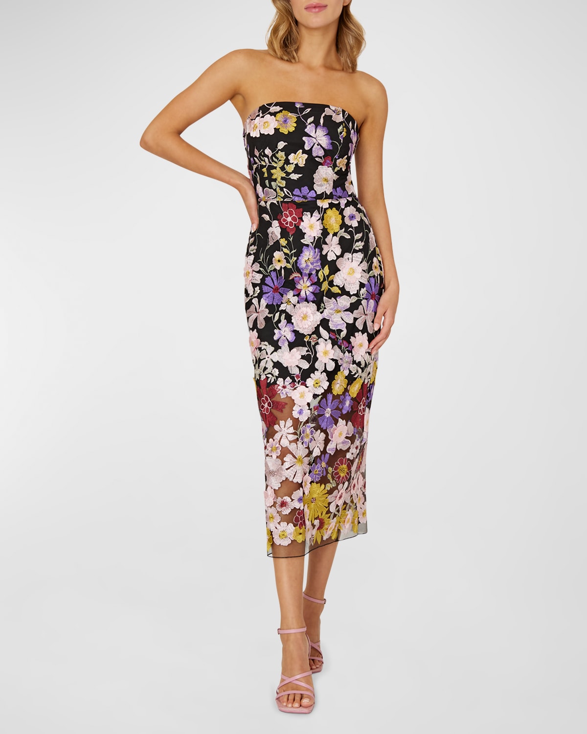 MILLY STRAPLESS FLORAL-EMBROIDERED MIDI DRESS
