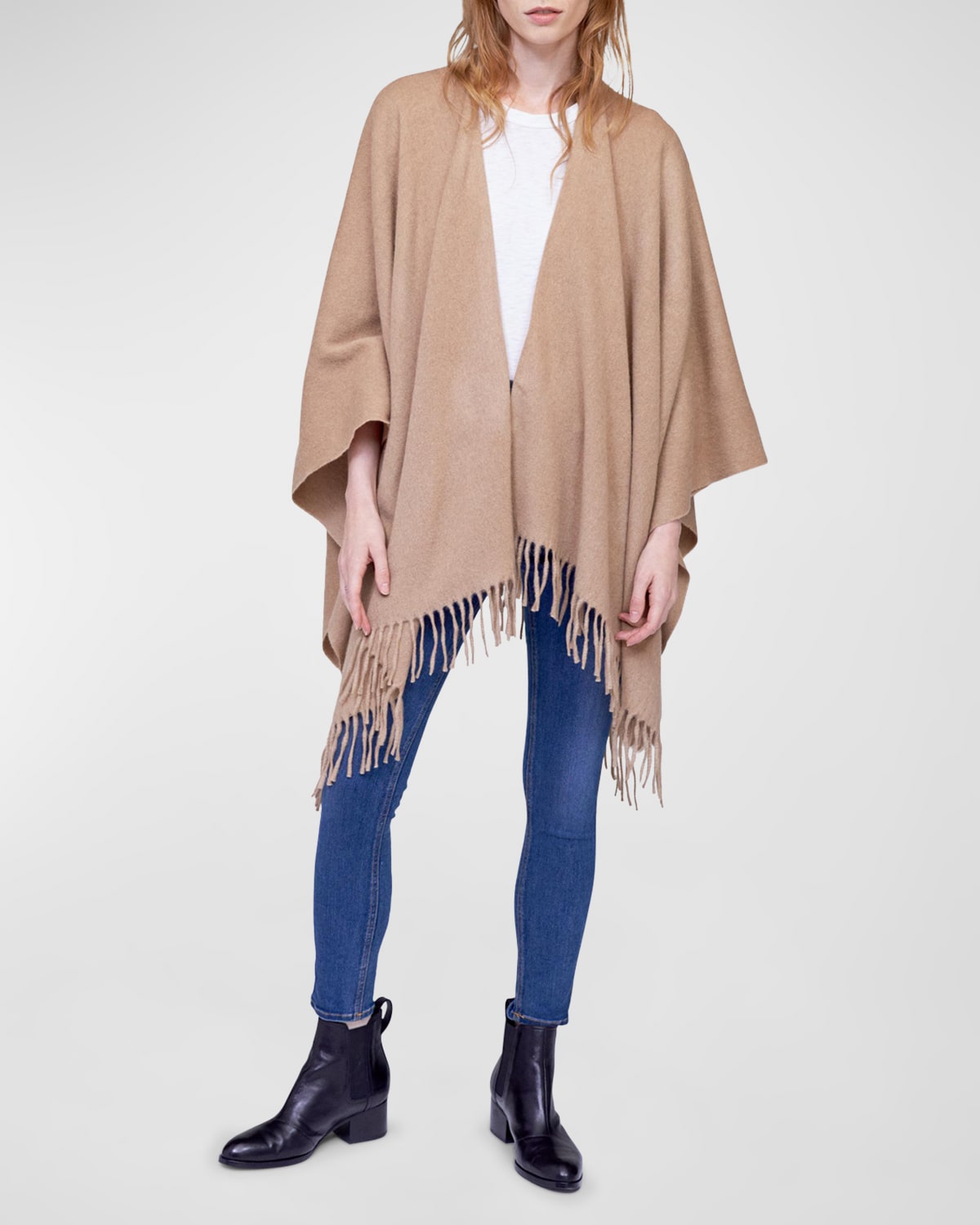 Rag & Bone Cashmere Fringe Poncho In Heather Camel