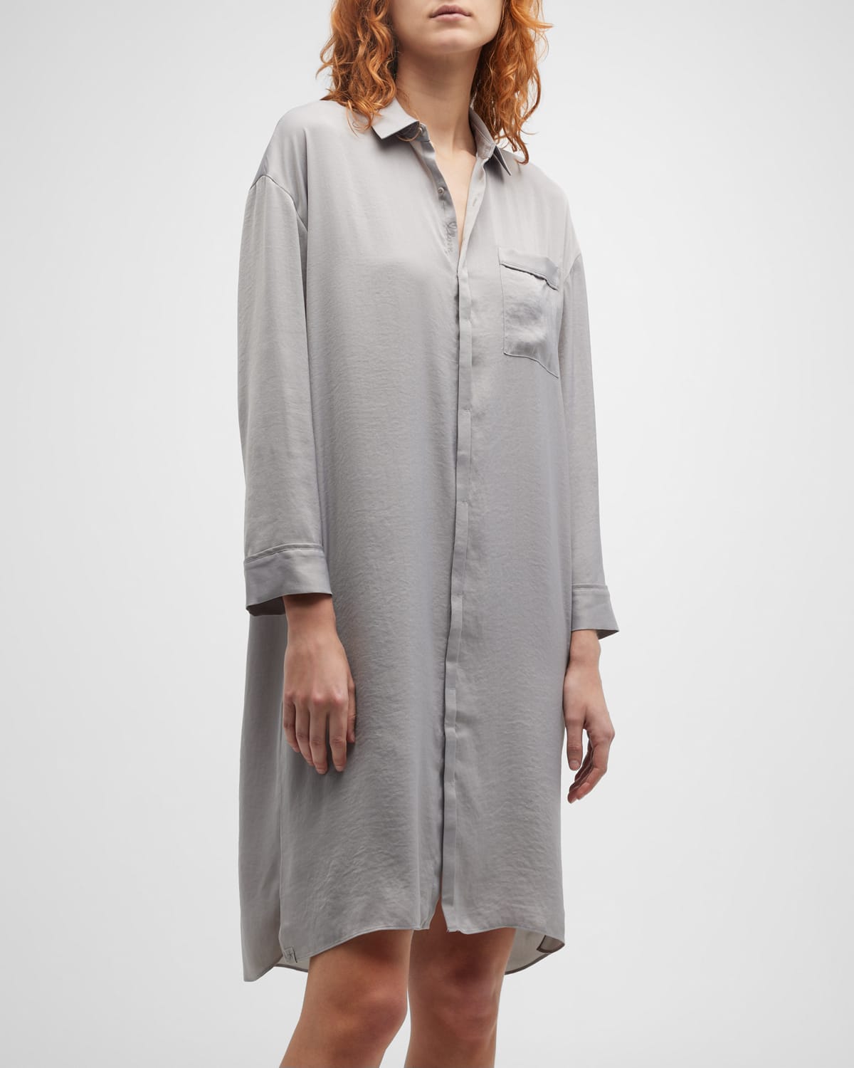 Barefoot Dreams Piped Button-down Washed Satin Nightshirt In Dove Gray