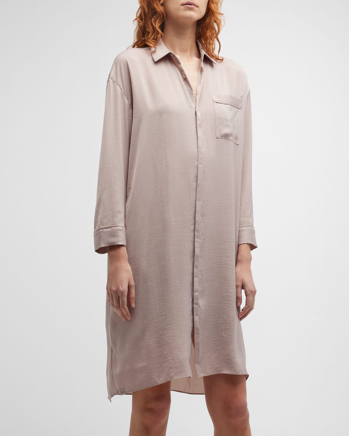 BAREFOOT DREAMS PIPED BUTTON-DOWN WASHED SATIN NIGHTSHIRT