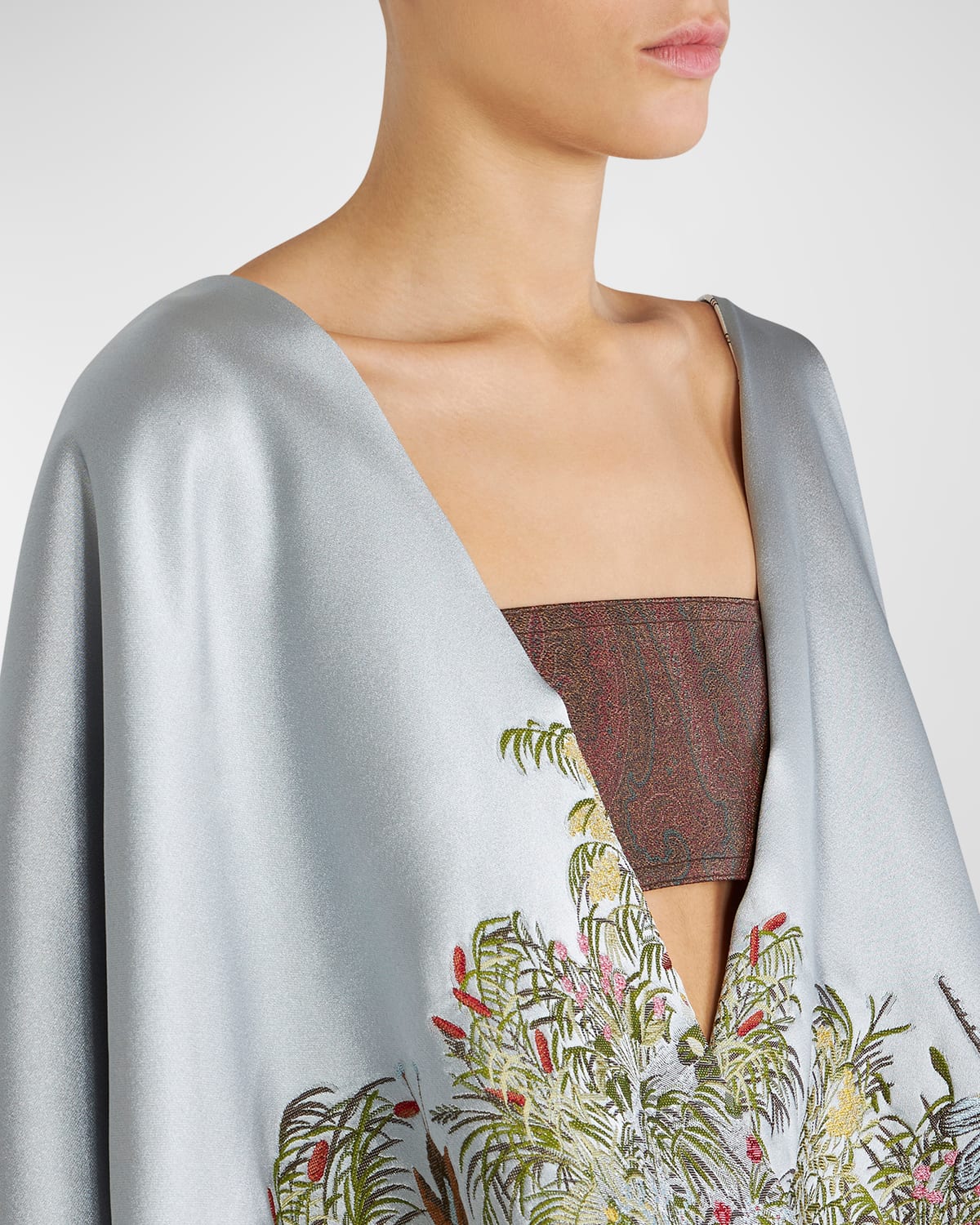 Etro Embroidered Satin Cape In Grey