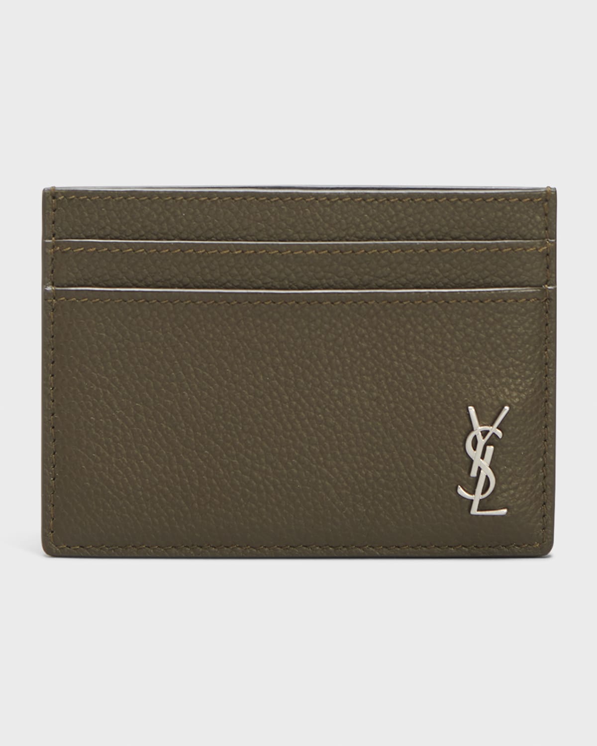 Shop Saint Laurent Men's Monogram Plaque Leather Card Holder In Khaki
