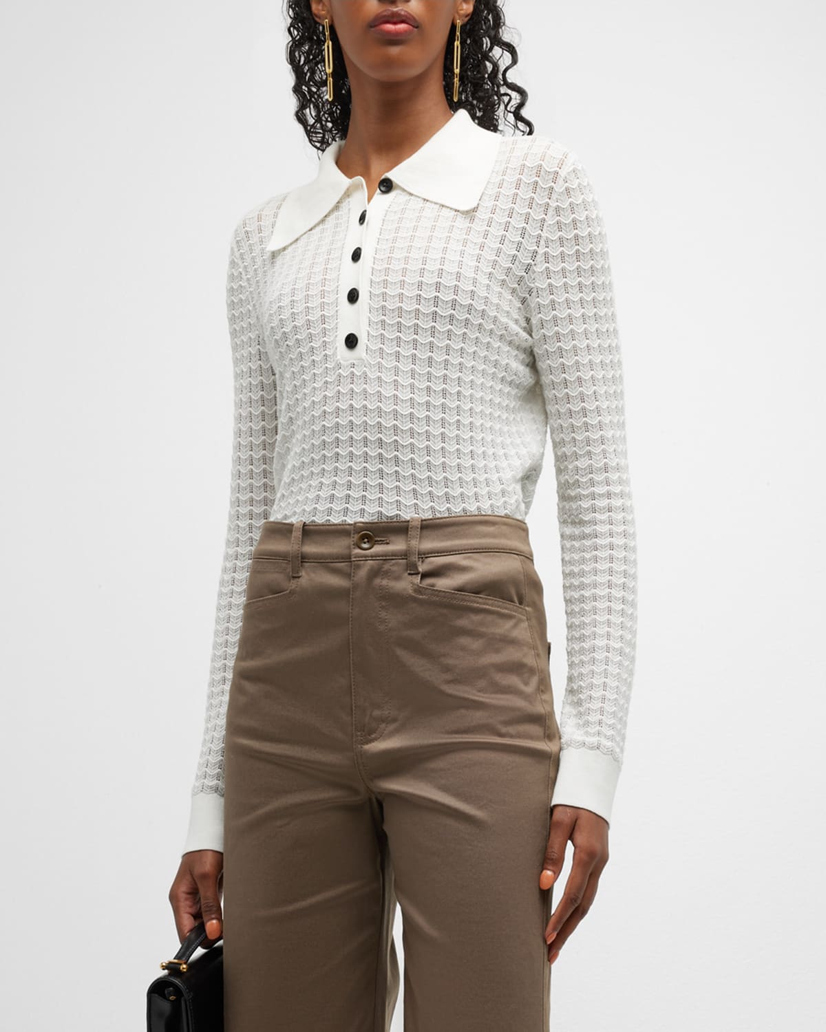 Proenza Schouler White Label Sheer Long Sleeve Polo Top In Off White