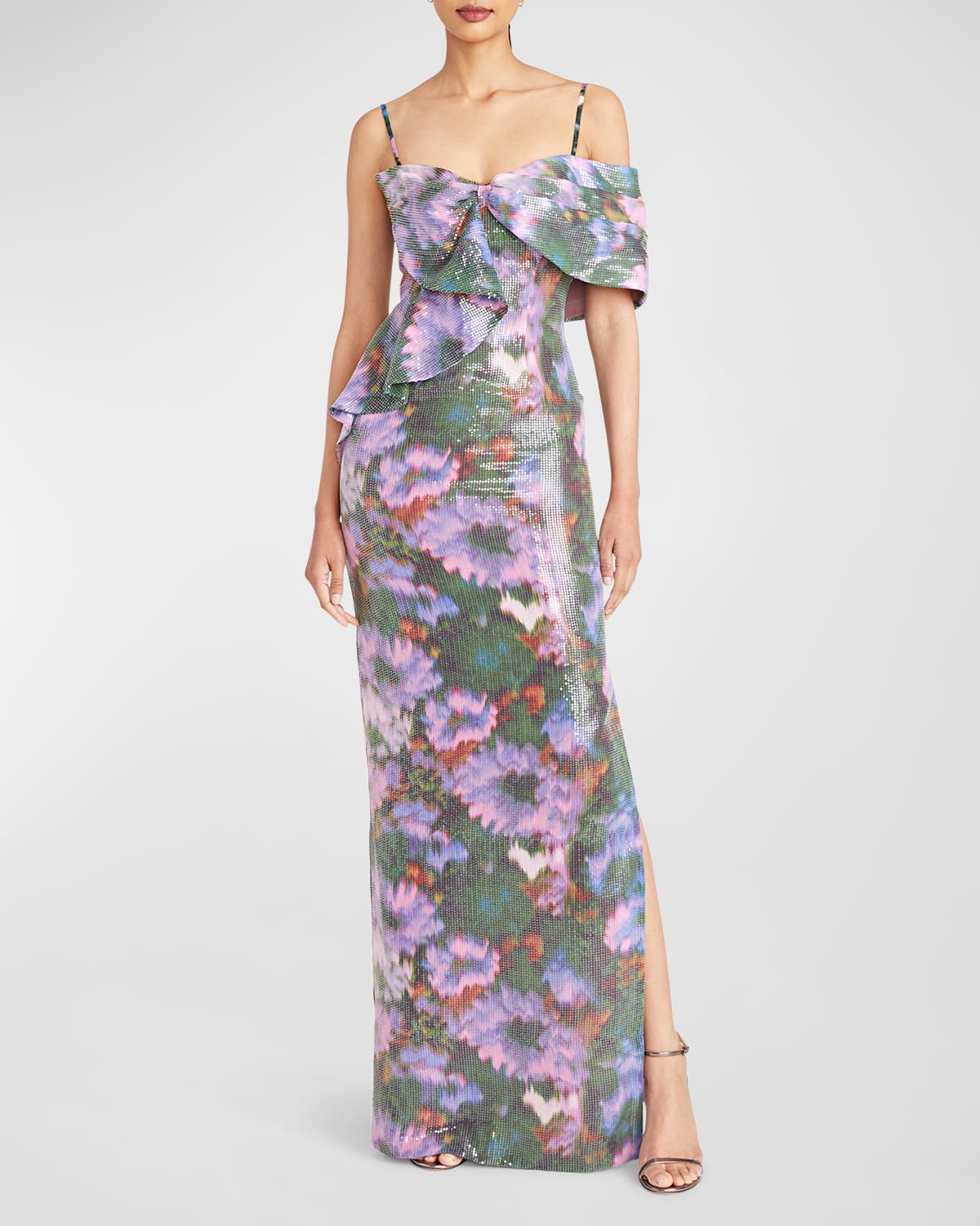 Chiara Bow-Front Floral-Print Sequin Gown