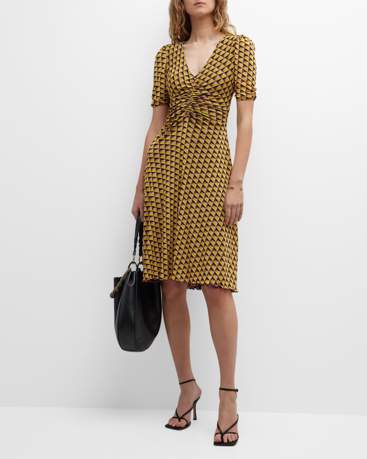Koren Ruched Geometric-Print Midi Dress