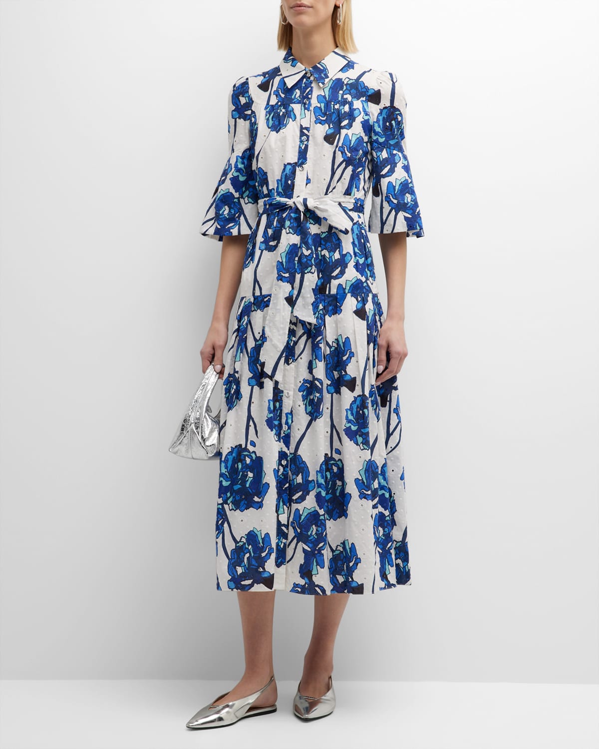 Diane Von Furstenberg Aveena Bell-sleeve Floral-print Eyelet Dress In Blue