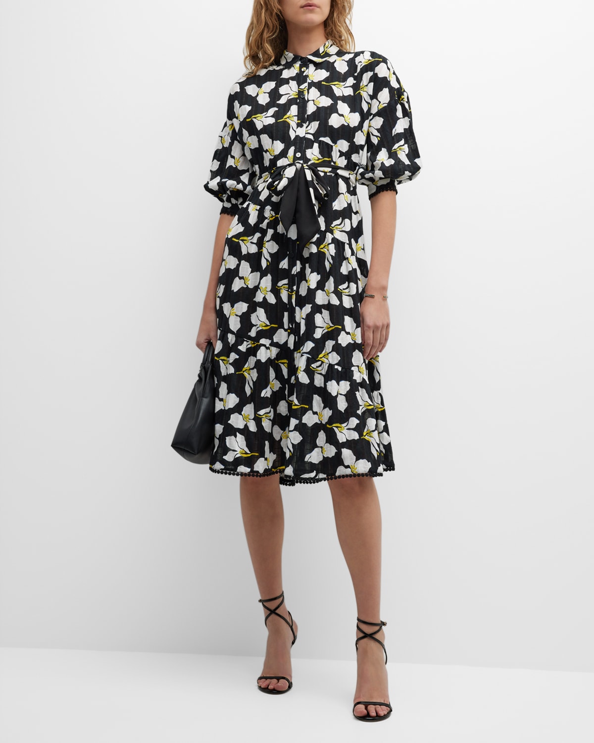Luna Blouson-Sleeve Floral-Print Midi Dress