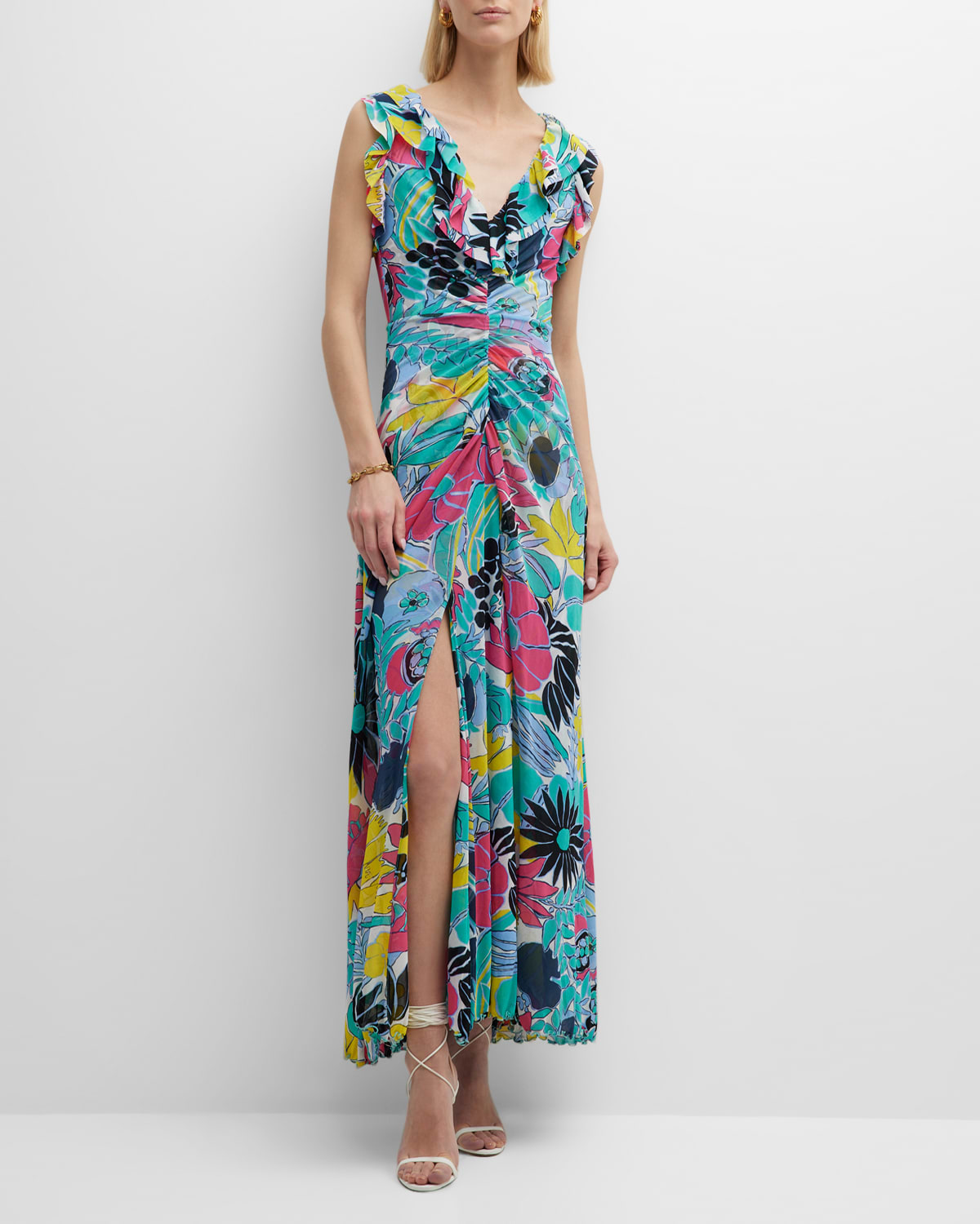 Diane Von Furstenberg Sean Ruched Floral-print Ruffle Maxi Dress In Gd Of Eart Dl Sum