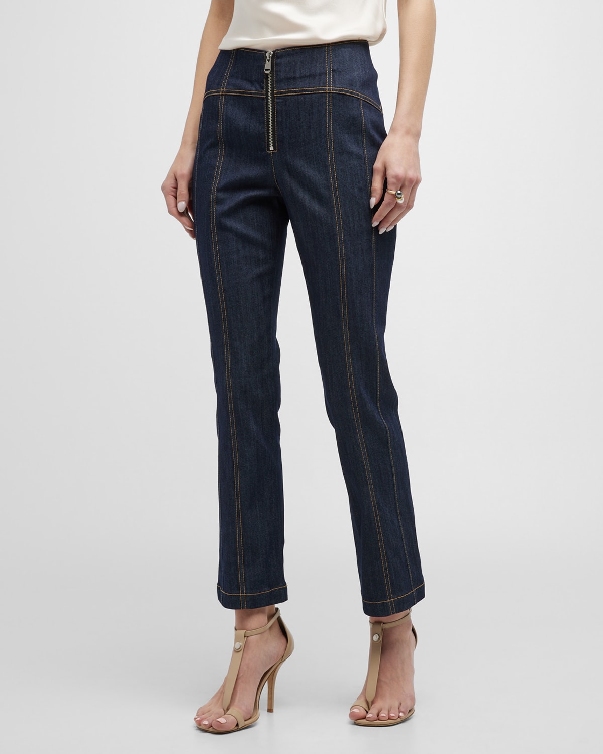 Cinq À Sept Loren Topstitched Cropped Bootcut Denim Pants In Indigo
