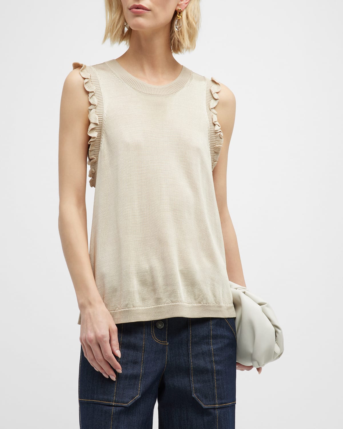 Cinq À Sept Lenore Sleeveless Knit Ruffle-trim Top In Plaster