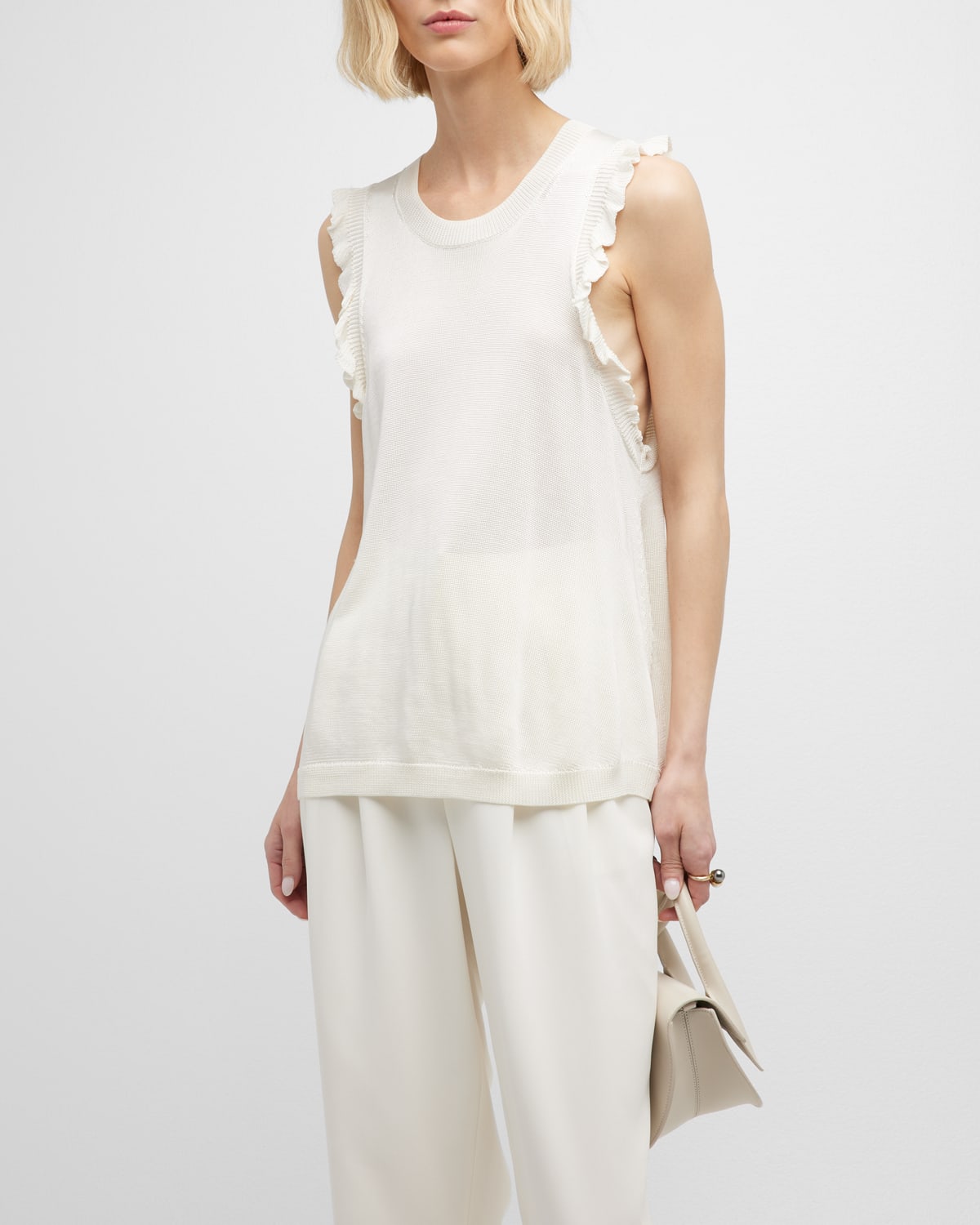 Cinq À Sept Lenore Sleeveless Knit Ruffle-trim Top In Ivory