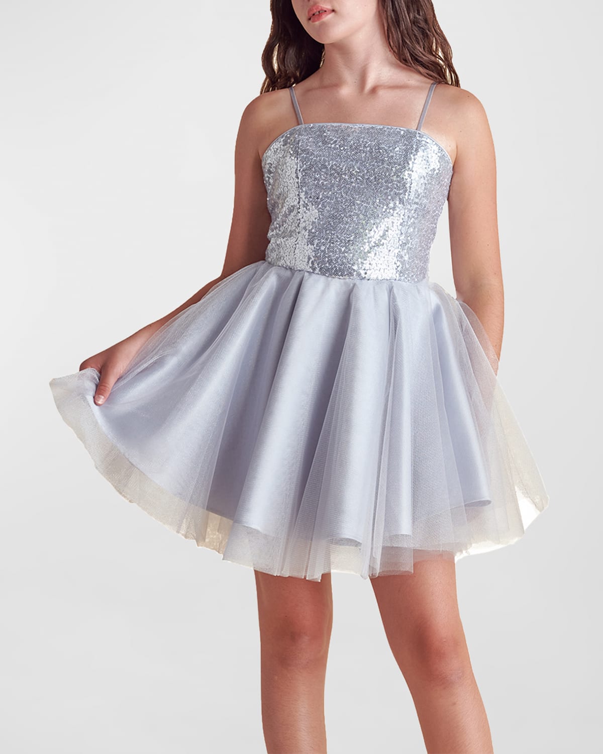 Un Deux Trois Girl's Sequin & Tulle Mini Dress In Silver