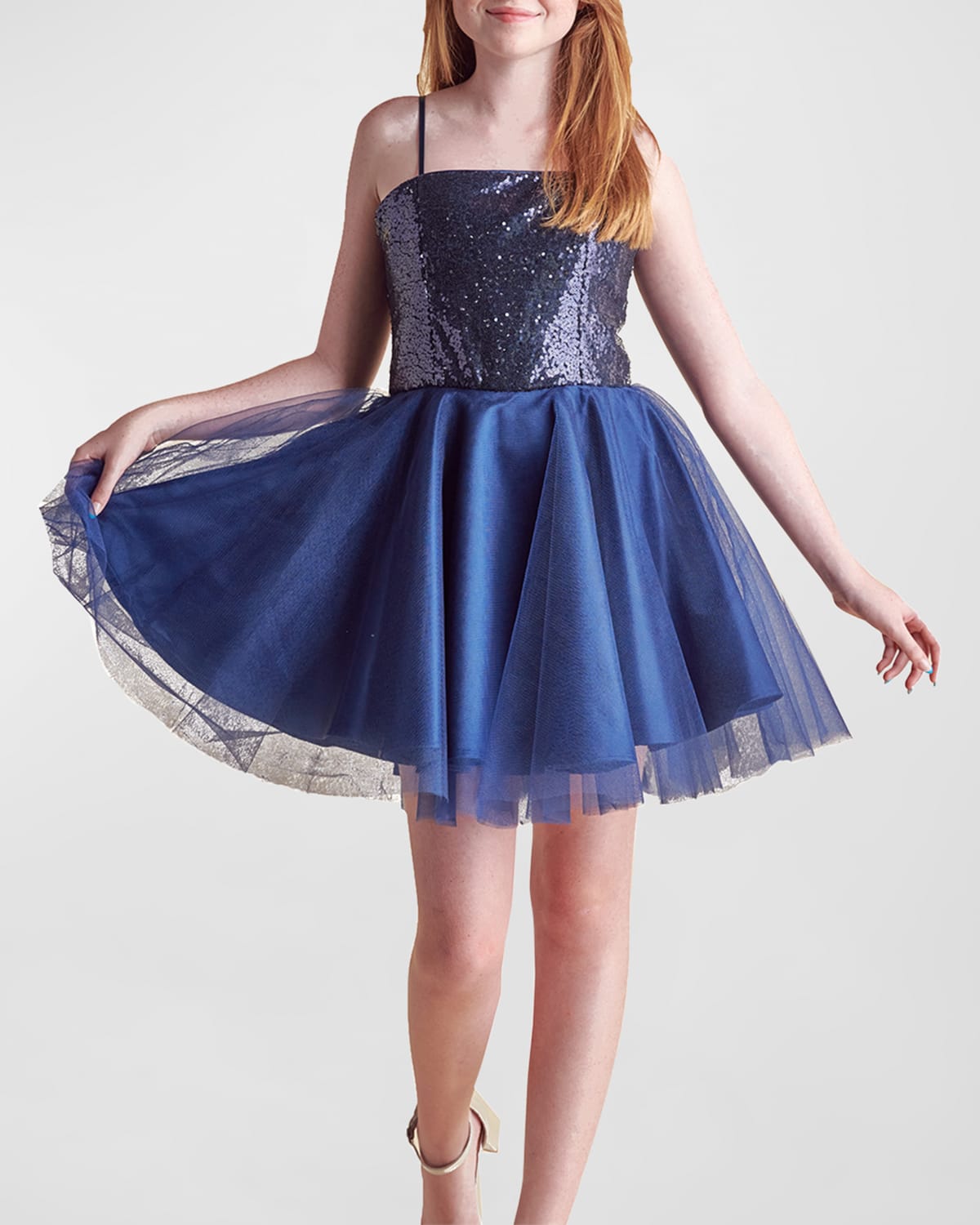 Un Deux Trois Kids' Girl's Sequin & Tulle Mini Dress In Navy
