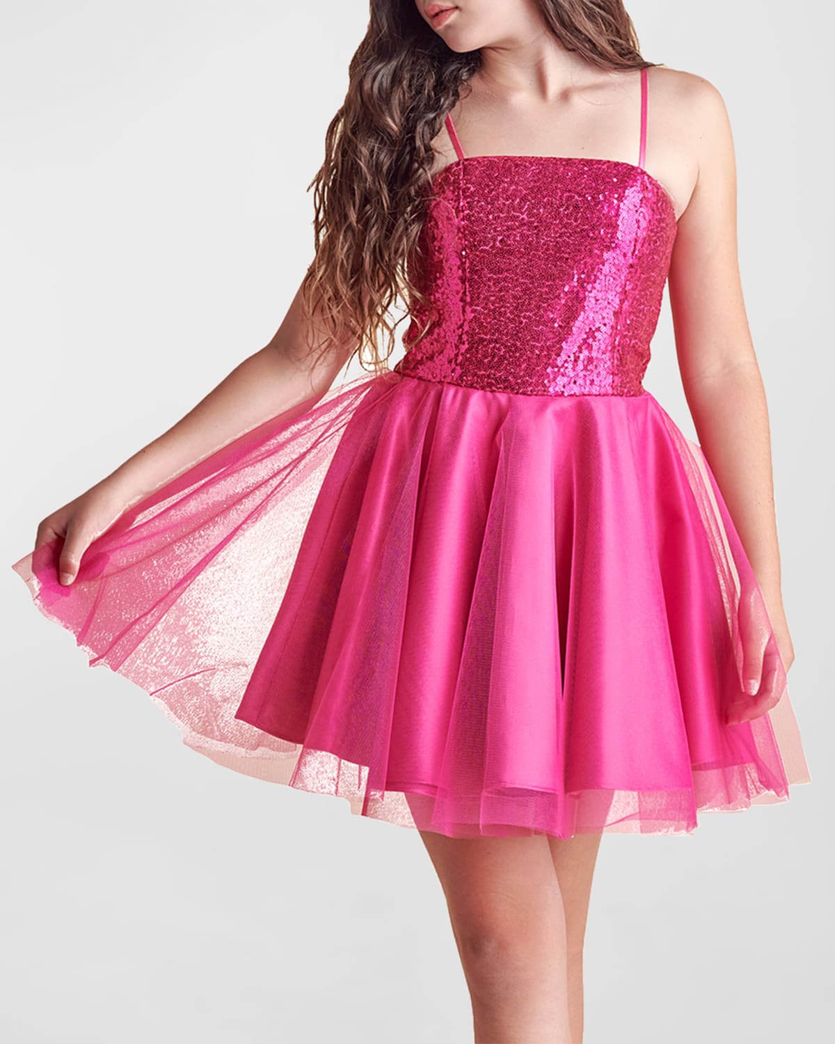 Un Deux Trois Girl's Sequin & Tulle Mini Dress In Fuchsia