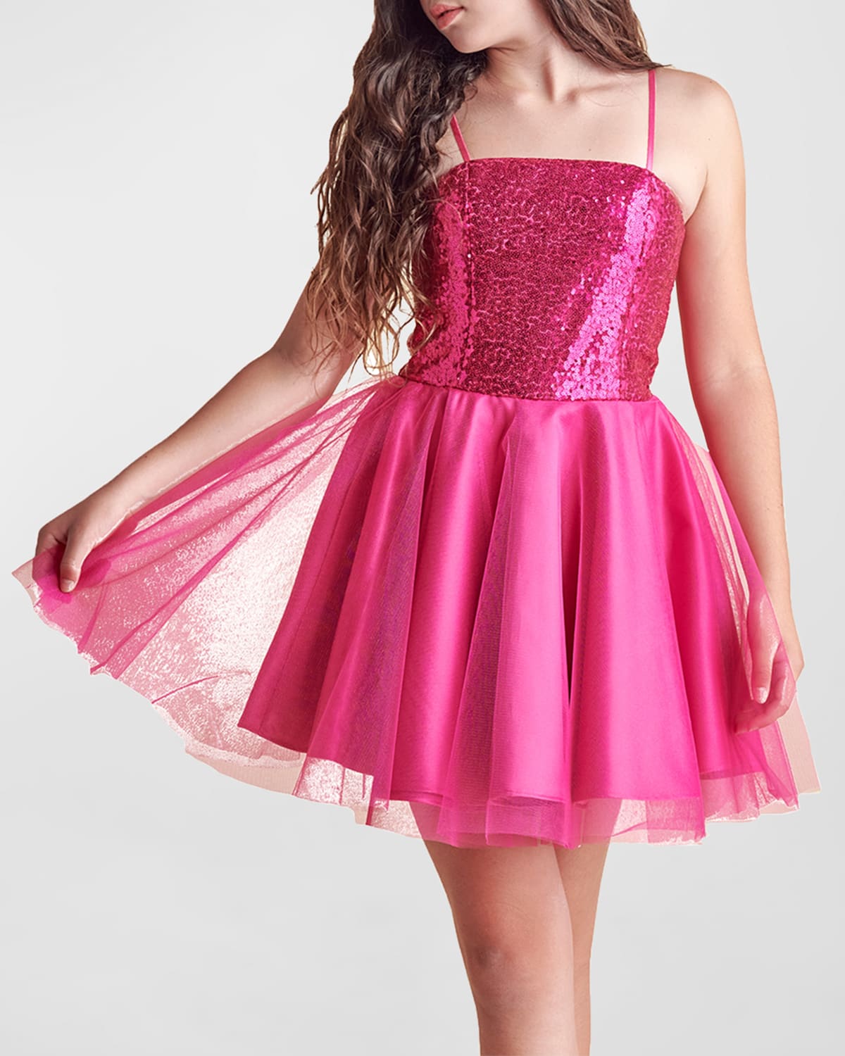 Un Deux Trois Kids' Girl's Sequin & Tulle Mini Dress In Fuchsia