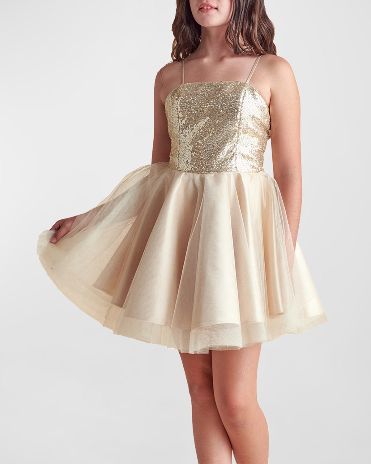 Un Deux Trois Girl's Sequin Fit-and-flare Tulle Dress In Gold