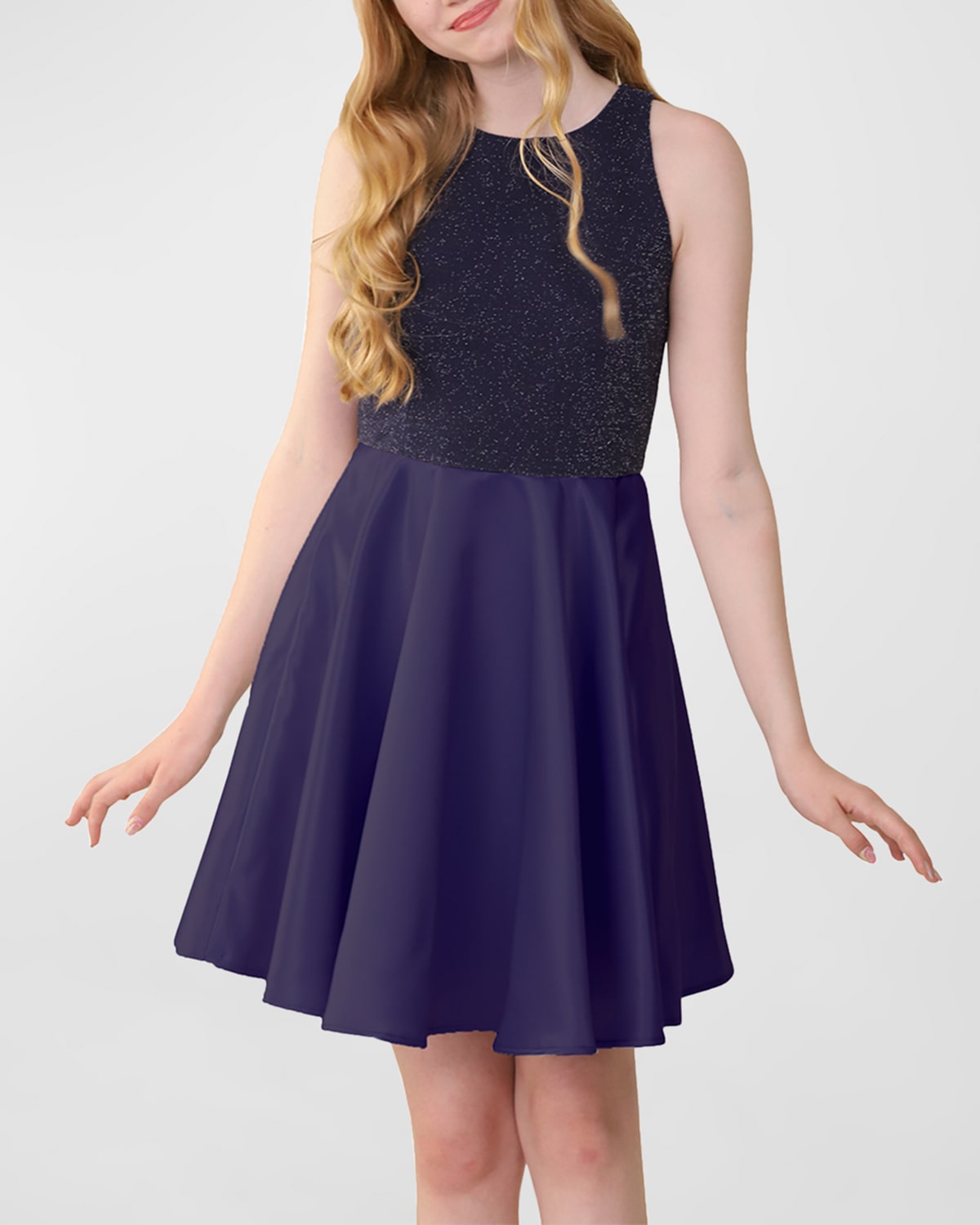 Un Deux Trois Kids' Girl's Two-tone Fit-&-flare Dress In Navy