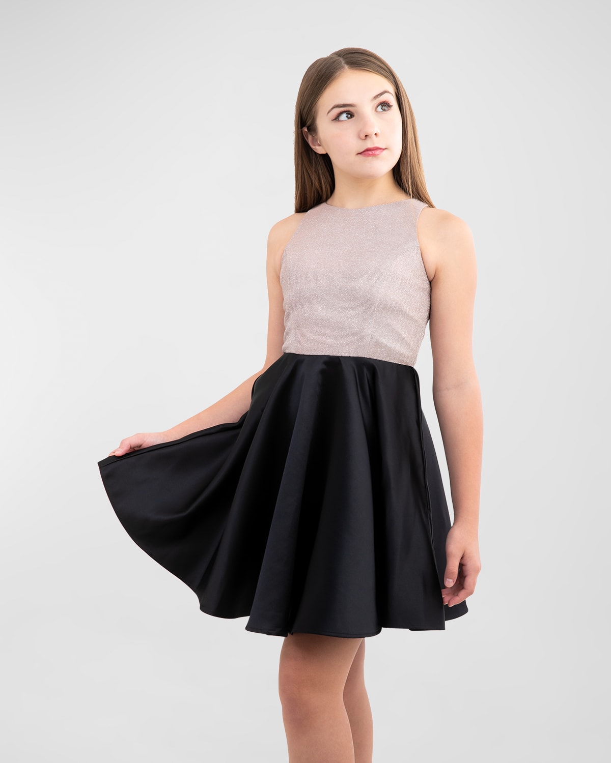 Un Deux Trois Kids' Girl's Two-tone Fit-&-flare Dress In Champagne