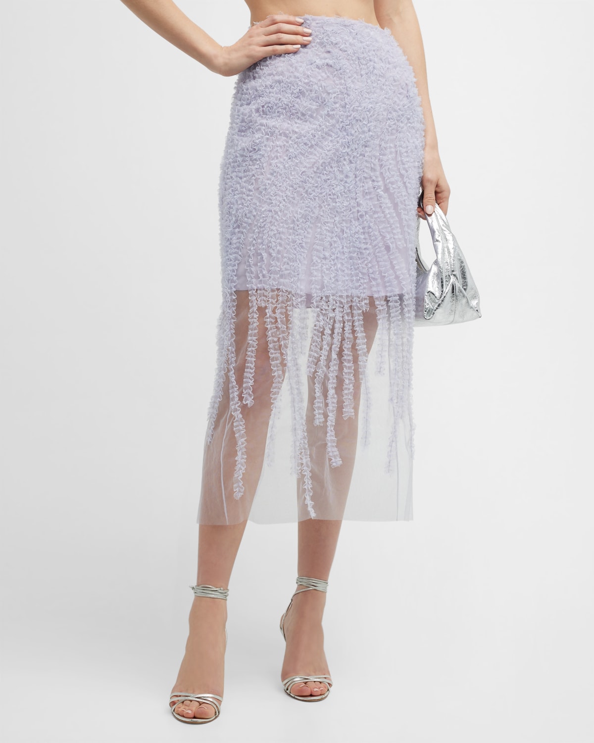 Ruffle Embroidered Tulle Overlay Midi Dress