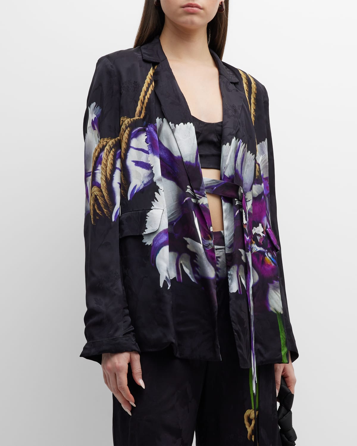 Floral Placed-Print Jacquard Single-Breasted Blazer