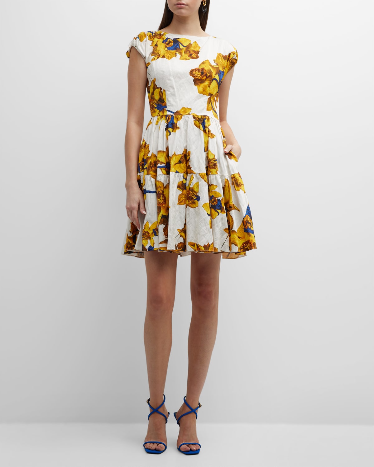 Jason Wu Collection Floral-Print Boat-Neck Cap-Sleeve Tiered Mini Dress