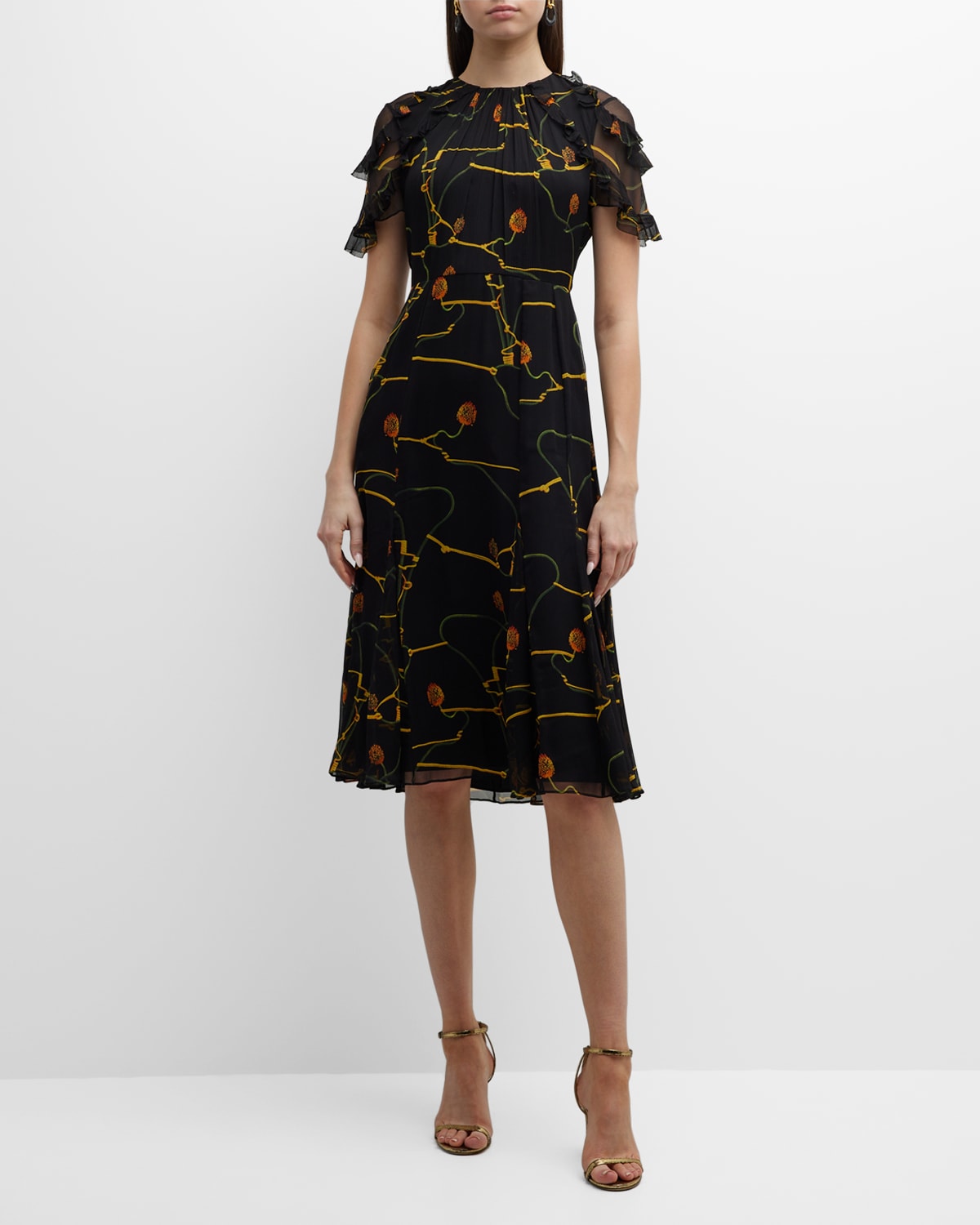 Jason Wu Collection Silk Crinkle Printed Day Dress with Ruffle Sleeves