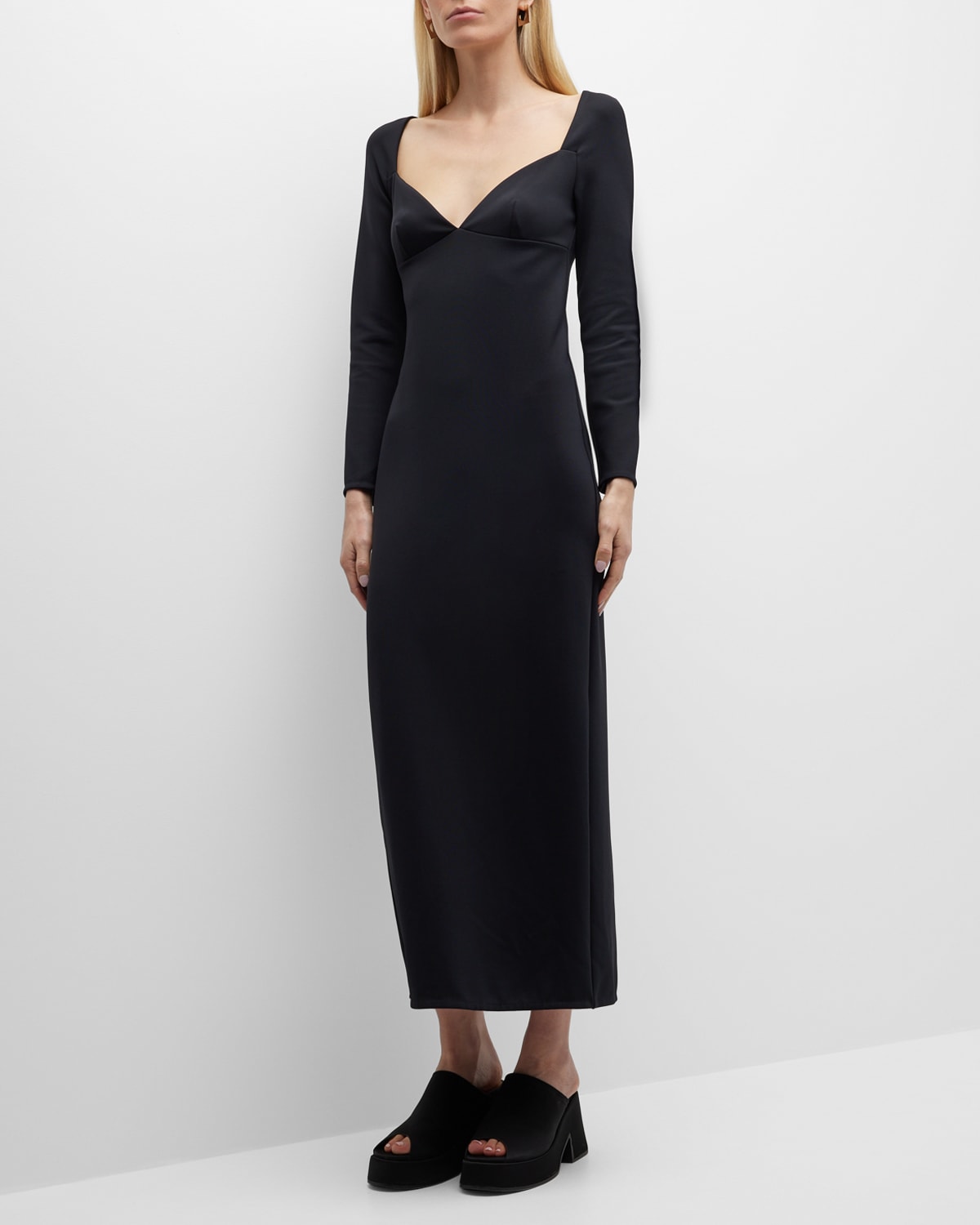 Rosetta Getty Long-sleeve Sweetheart Tea-length Dress In Black