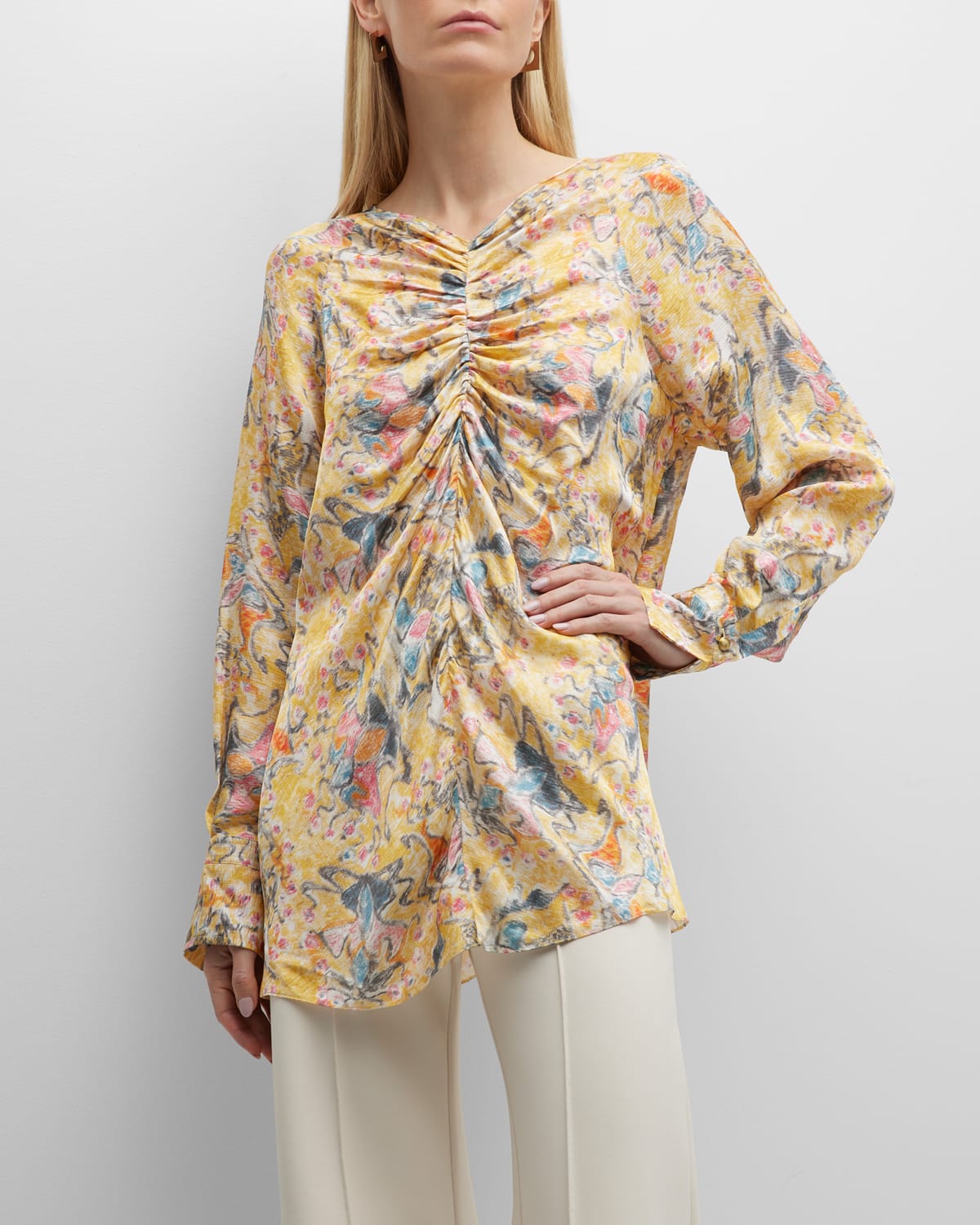 ROSETTA GETTY ABSTRACT FLORAL-PRINT SHIRRED HAMMERED SATIN TOP
