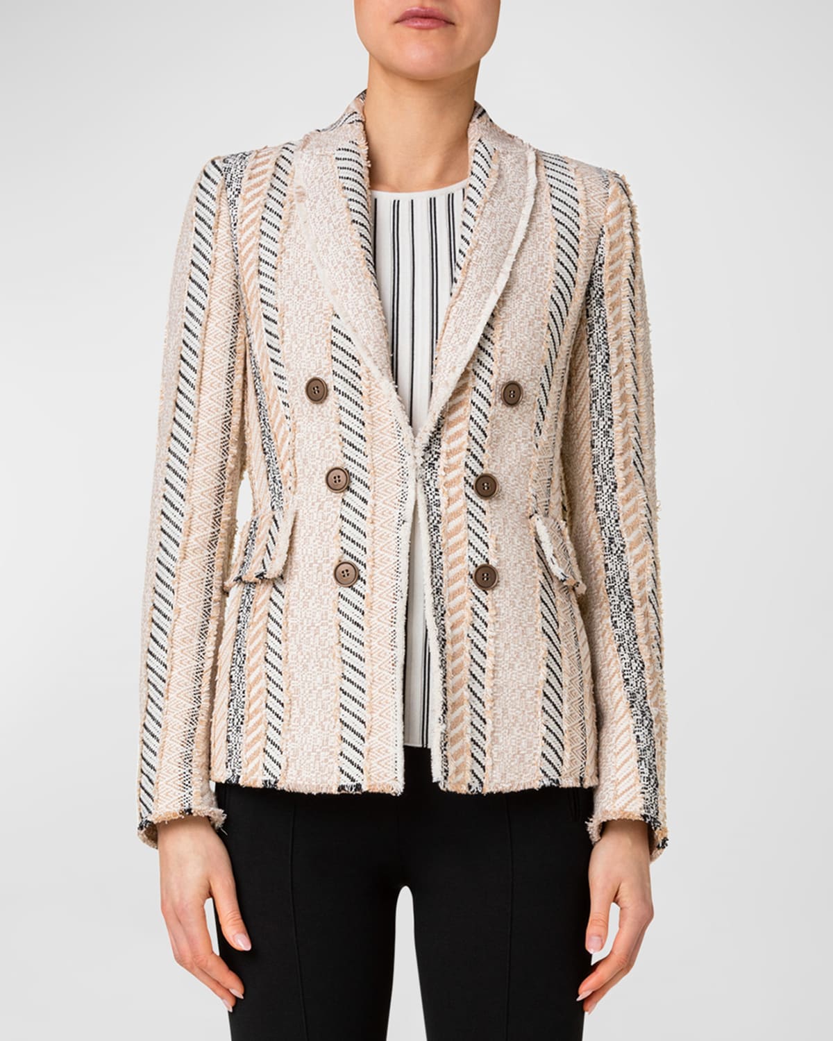 Akris Punto Fringed Patchwork Tweed Blazer Jacket In Beige-multicolor