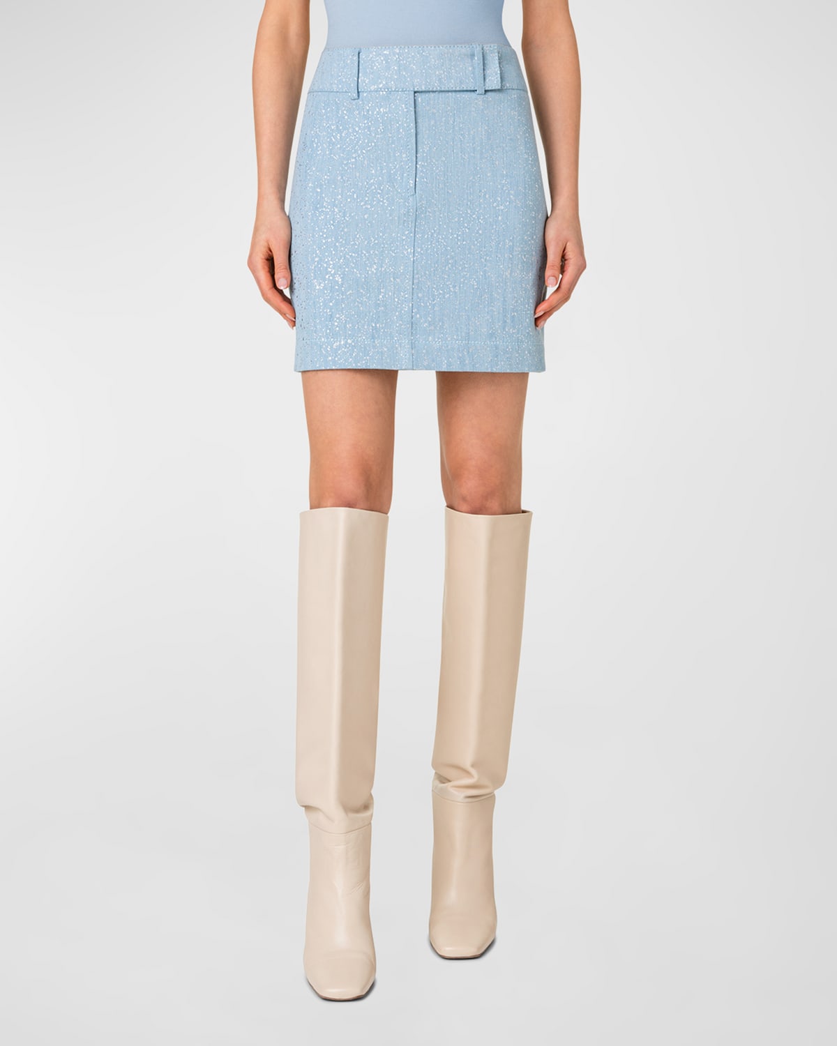 Akris Punto Metallic Sprinkle Denim Mini Skirt In Pale Blue Denim
