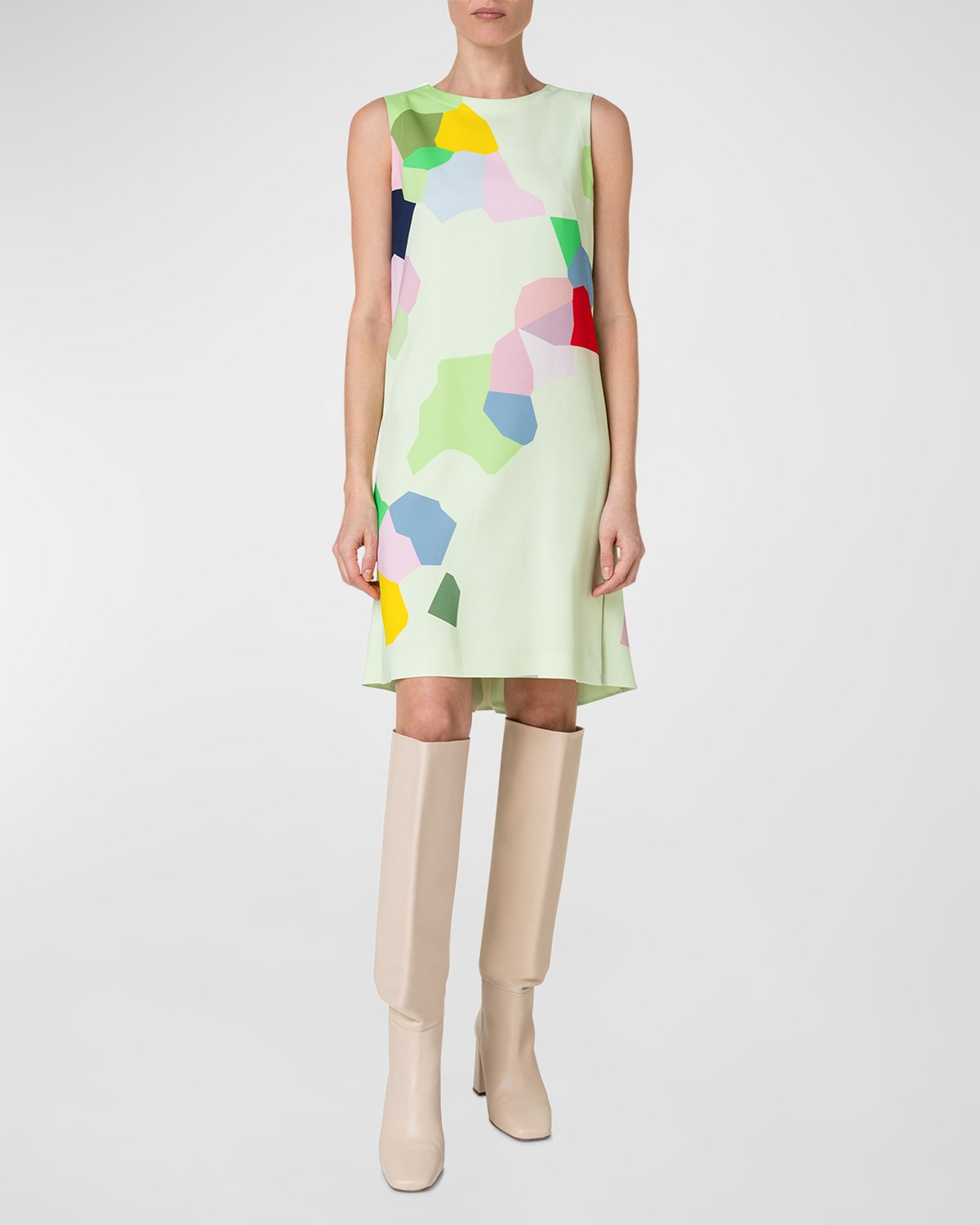 AKRIS PUNTO KALEIDOSCOPE-PRINT SLEEVELESS CREPE SHIFT DRESS