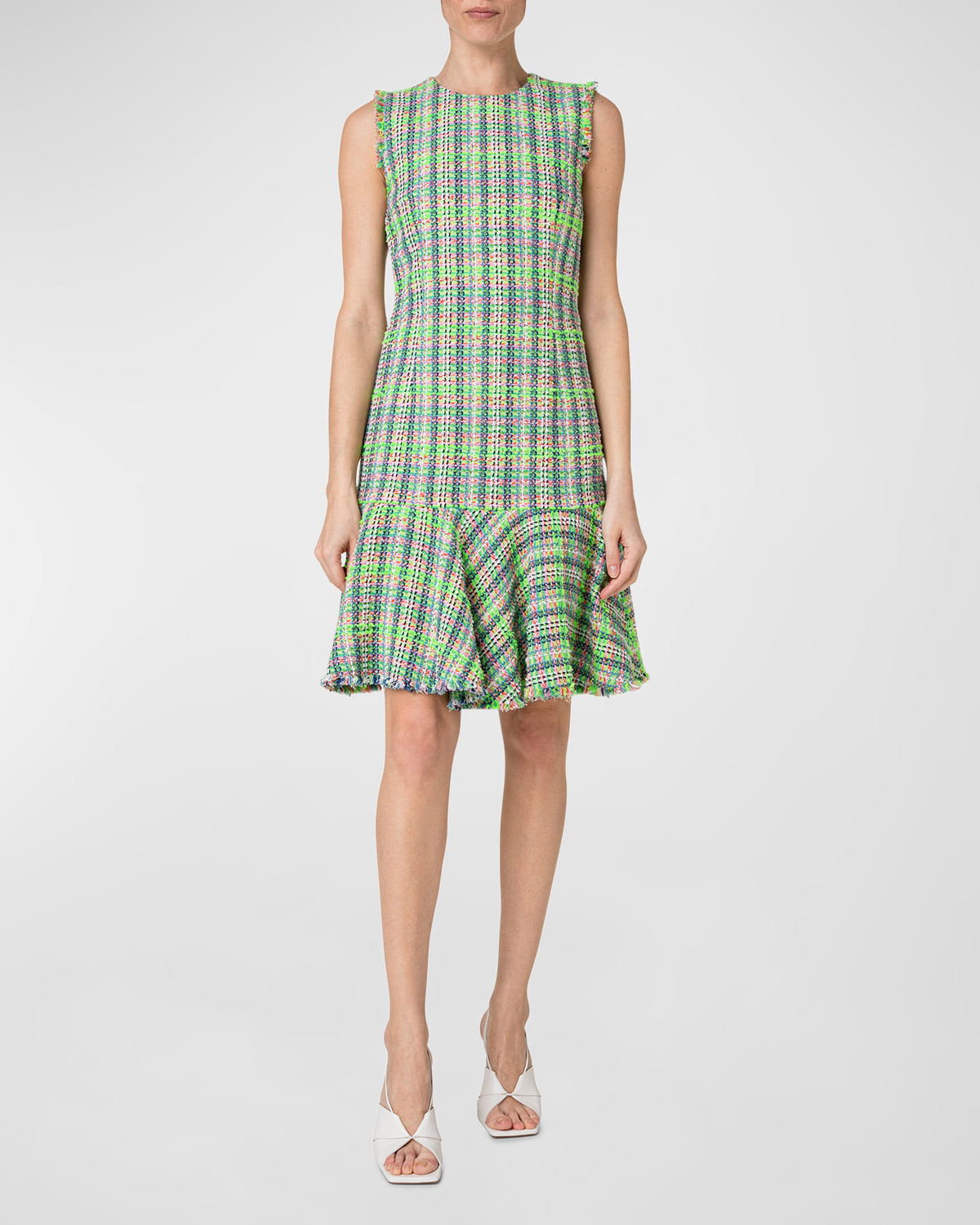 AKRIS PUNTO MULTICOLOR COTTON TWEED DRESS WITH FLOUNCE HEM