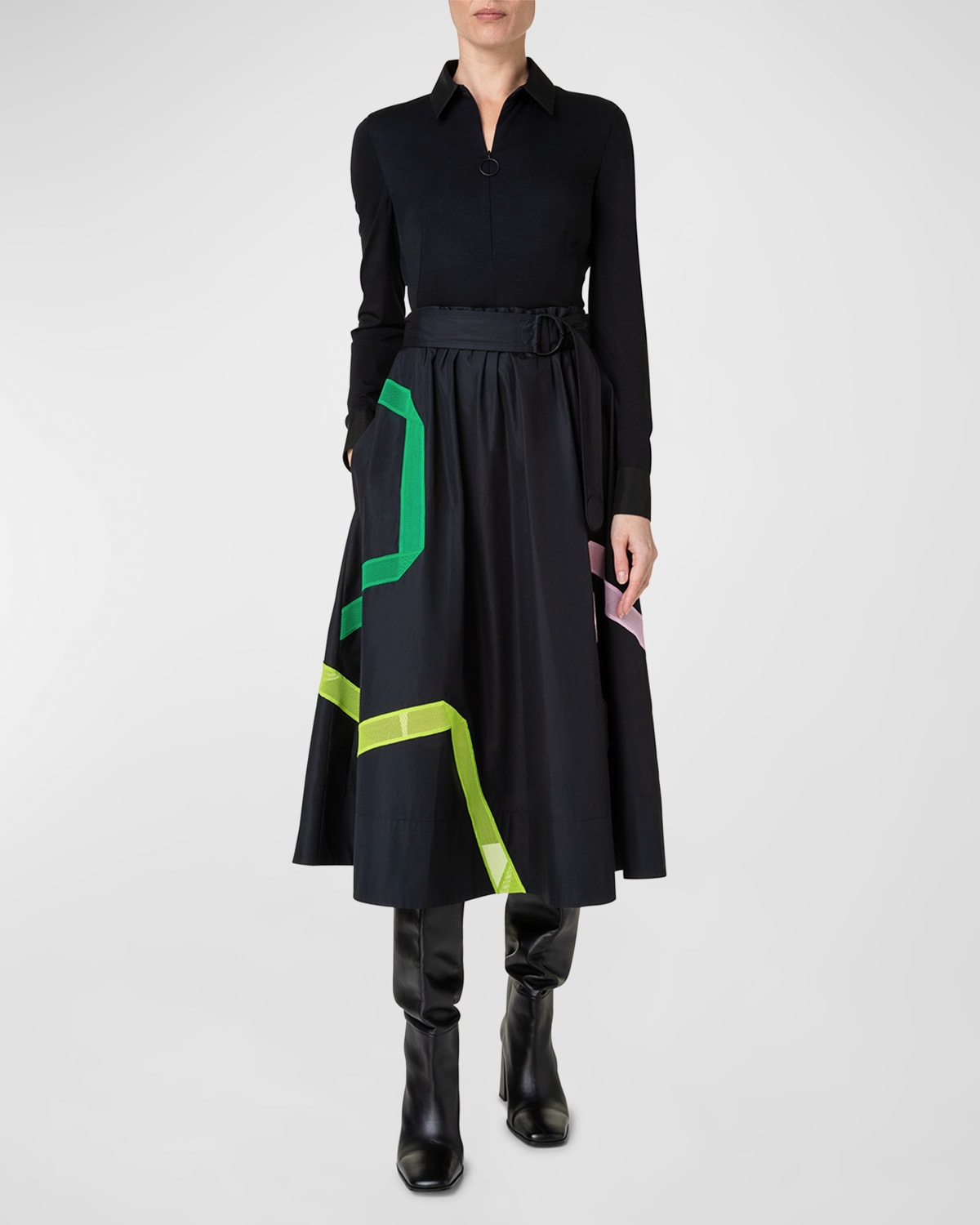 Shop Akris Punto Mixed Media Paper-bag Dress With Kaleidoscope Techno Mesh Details In Black