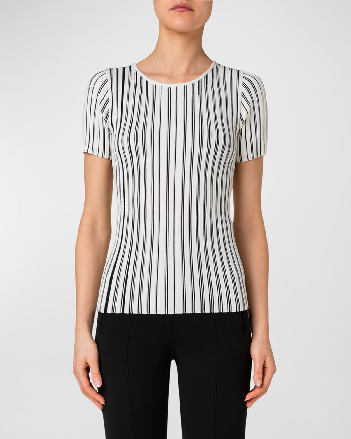 AKRIS PUNTO STRUCTURED STRIPES WOOL KNIT PULLOVER TOP