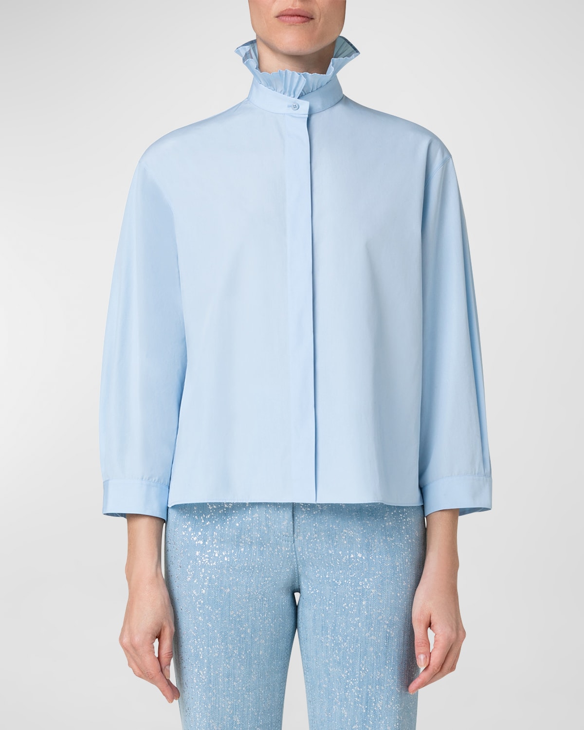 AKRIS PUNTO TECHNO COTTON BLOUSE WITH PLISSEE STAND UP COLLAR