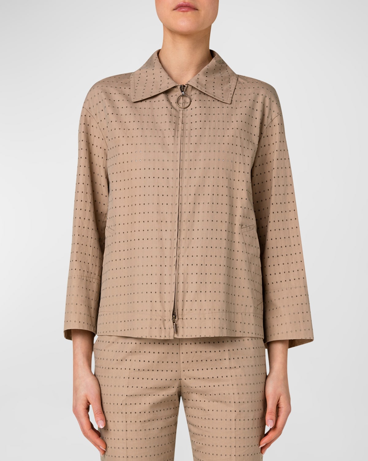 Akris Punto Perforated Pin Dot Embroidered Pleated Jacket In Beige