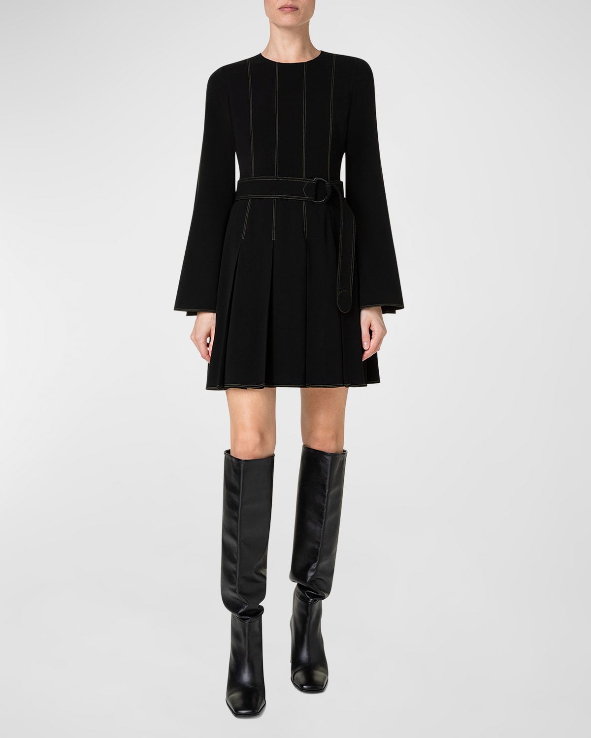 Shop Akris Punto Belted Short Dress With Pleated Skirt In Black