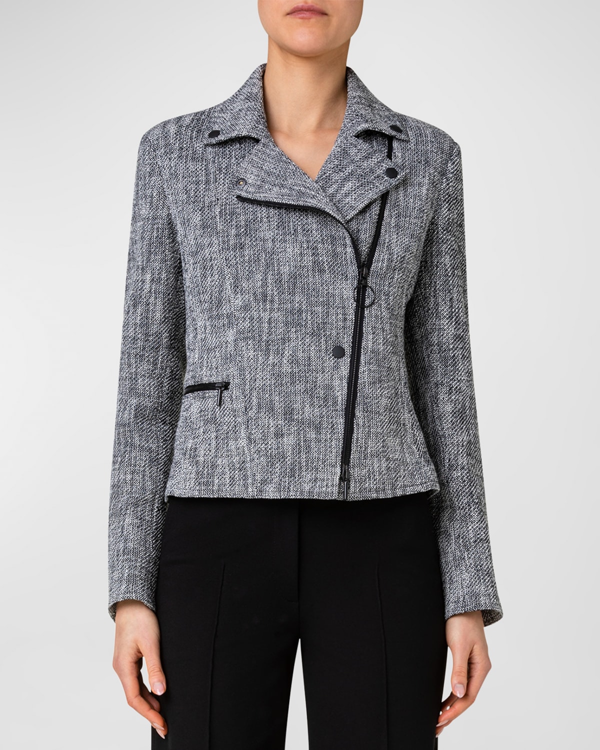 AKRIS PUNTO FITTED TWEED TOP JACKET WITH ASYMMETRIC ZIPPER