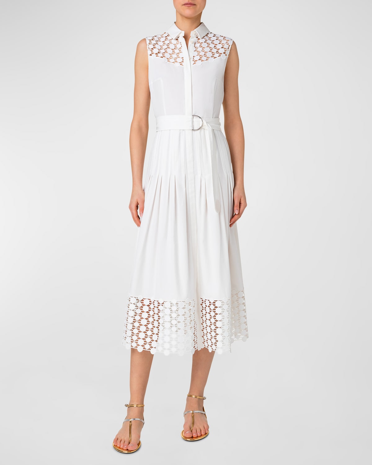 AKRIS PUNTO COTTON GABARDINE BELTED MIDI DRESS WITH KALEIDOSCOPE DOT GUIPURE PANELS