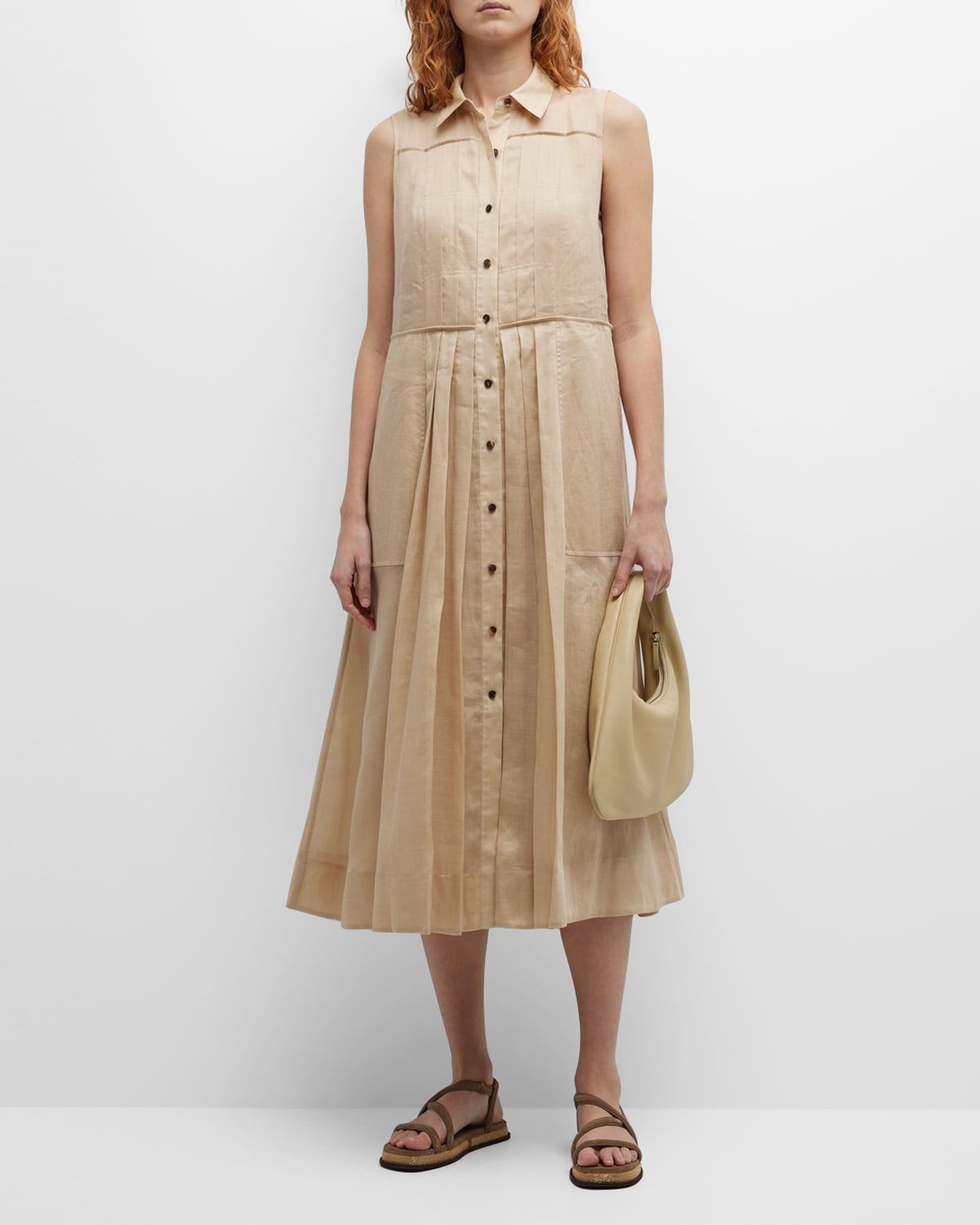 Lafayette 148 Sleeveless Pintuck Shirtdress In Dune