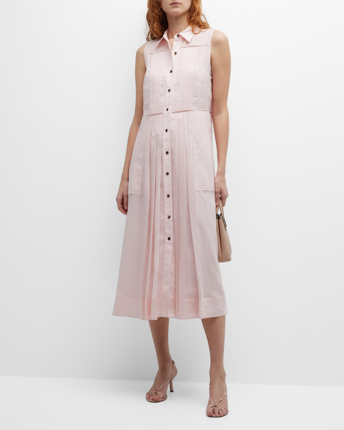Lafayette 148 Sleeveless Pintuck Shirtdress In Pastel Pink