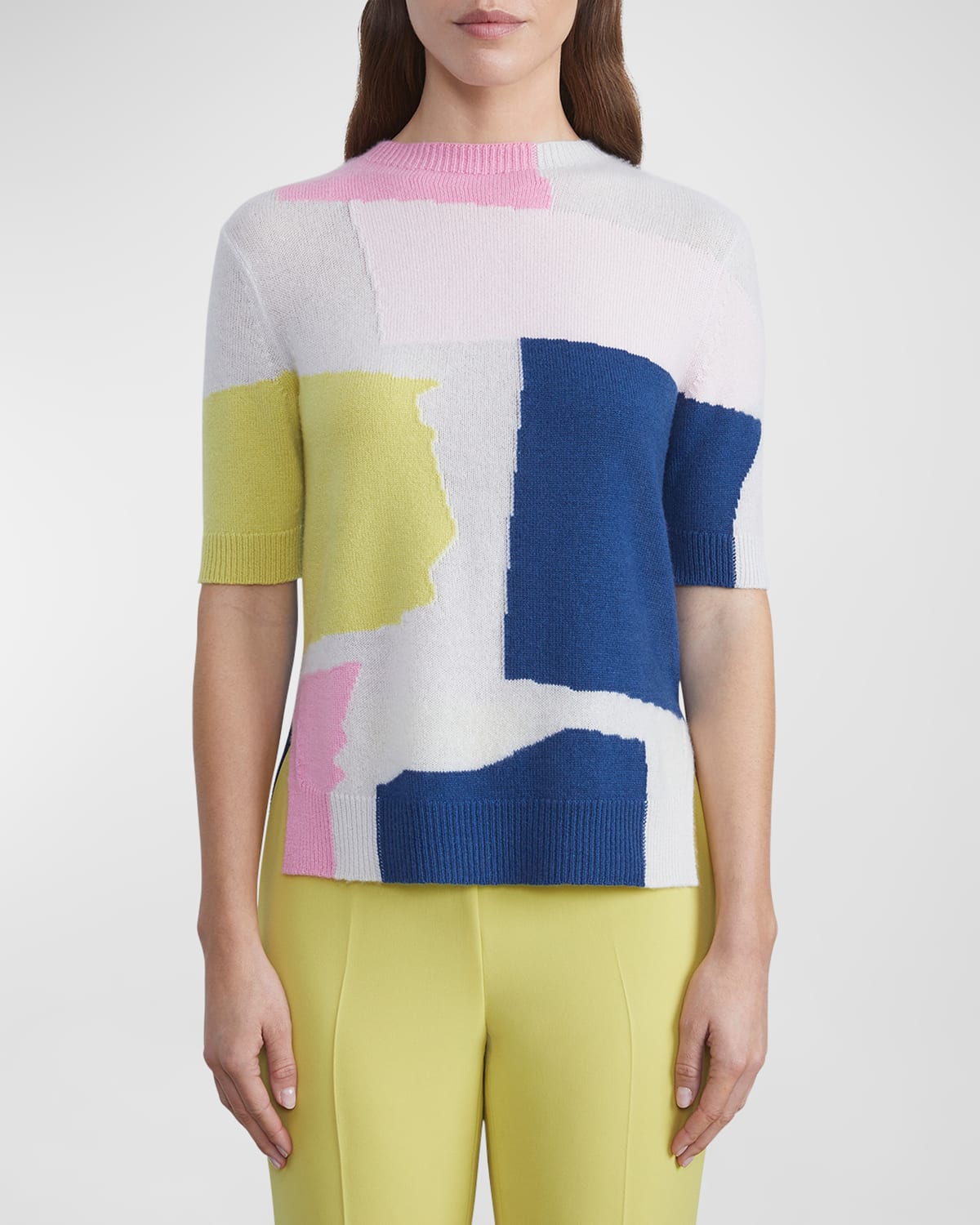 LAFAYETTE 148 PAPER COLLAGE SHORT-SLEEVE INTARSIA SWEATER 