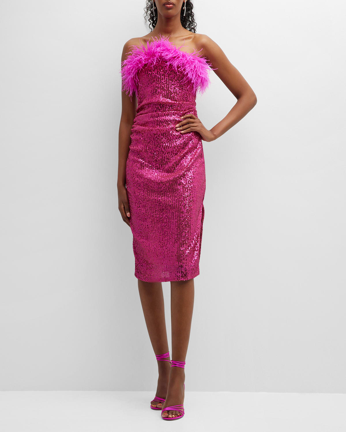 LACE The Label Strapless Feather-Trim Sequin Midi Dress