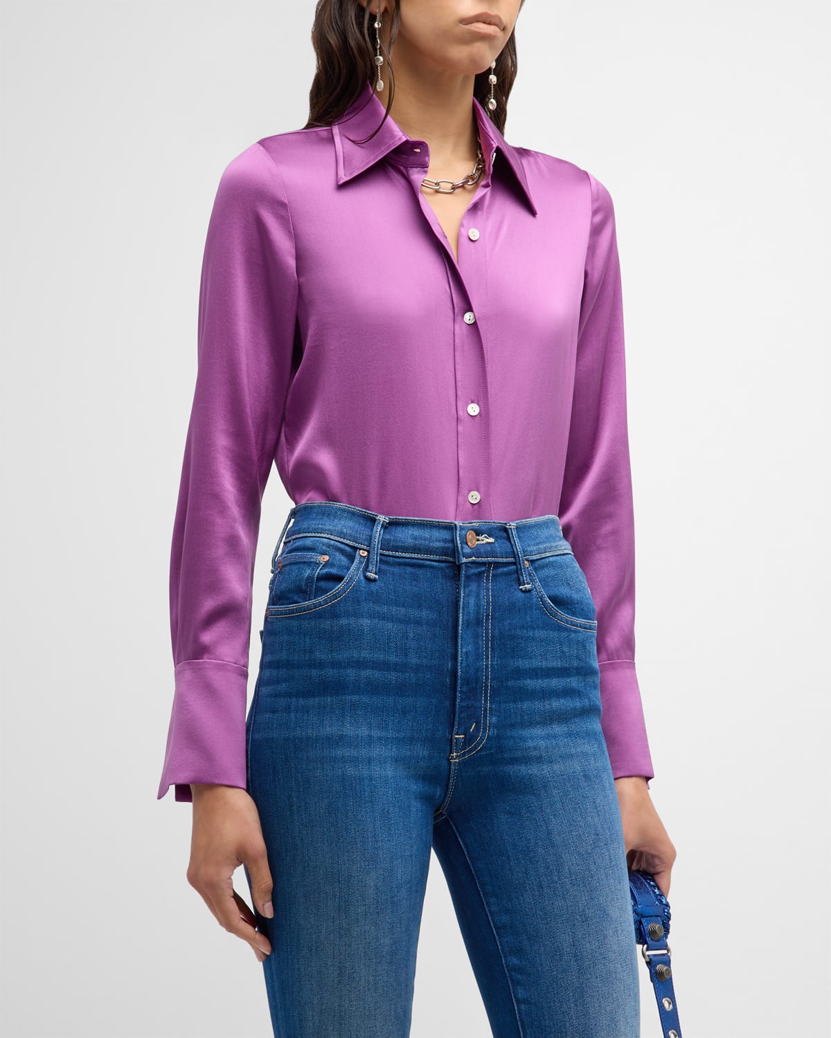 Shop Ramy Brook Victoria Stretch Silk Button-front Top In Deep Lilac