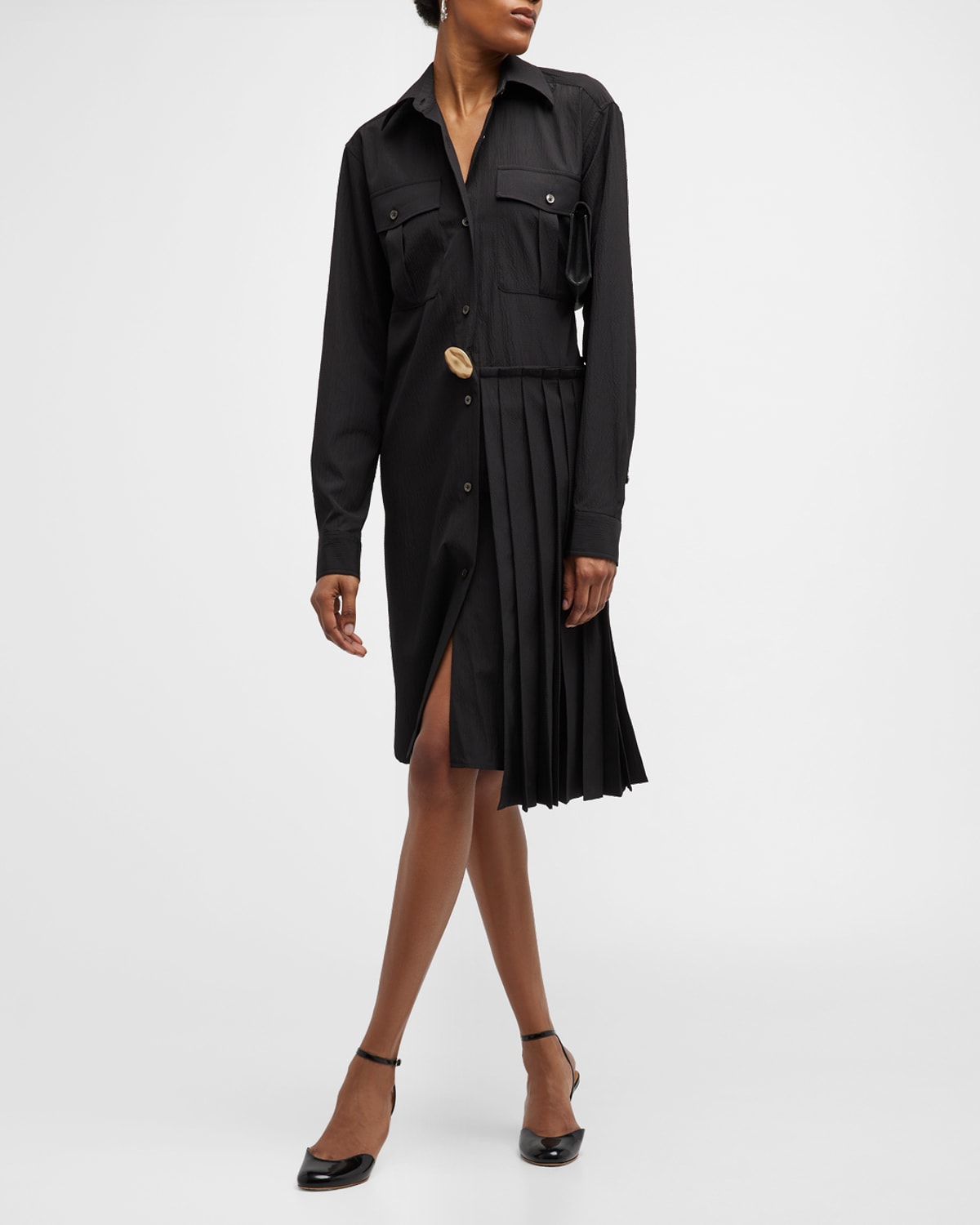 Button-Front Midi Shirtdress with Pleated Panel