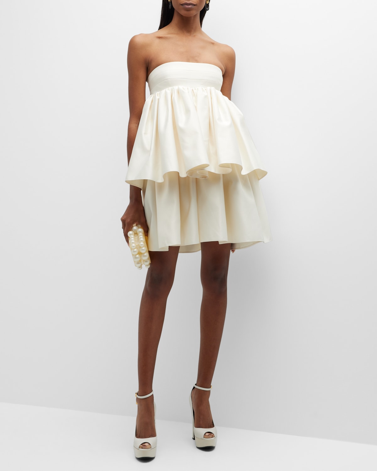 Shop Rotate Birger Christensen Strapless Ruffled Twill Mini Dress In Egret