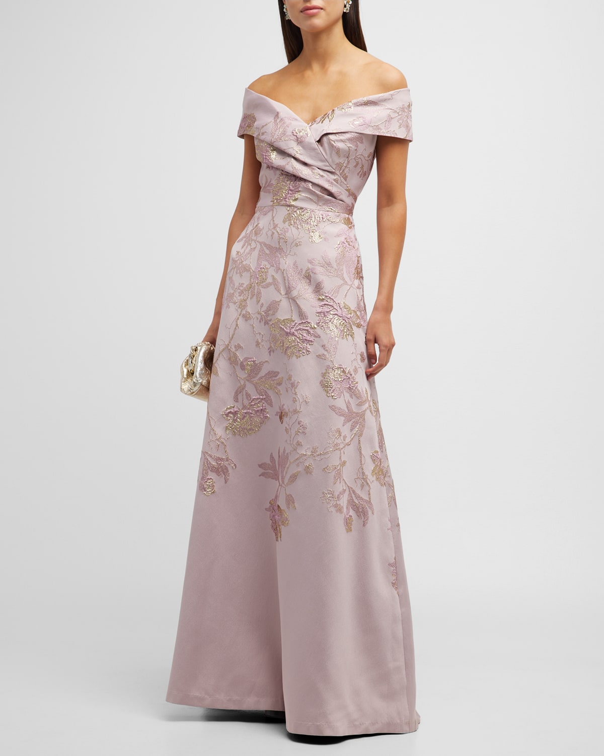 Rickie Freeman For Teri Jon Off-shoulder Floral Jacquard Gown In Mauve Gold