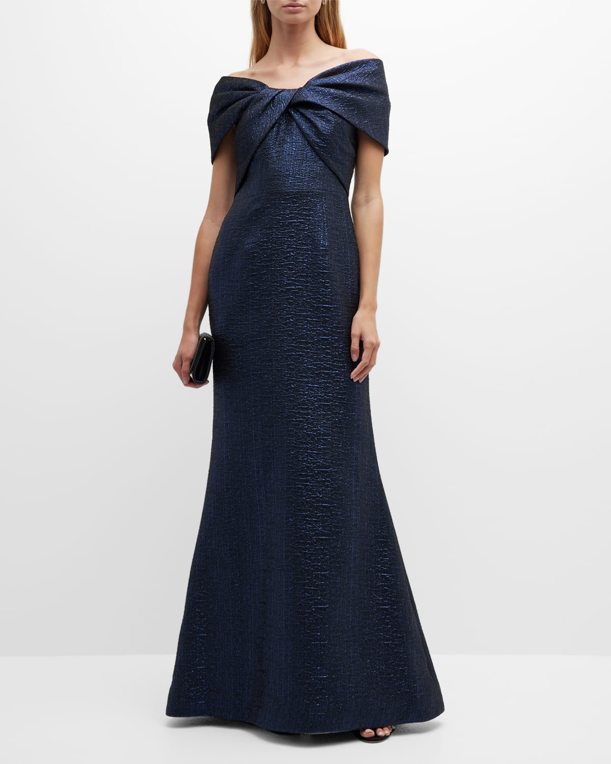 Rickie Freeman For Teri Jon Off-shoulder Twist-front Jacquard Gown In Sapphire