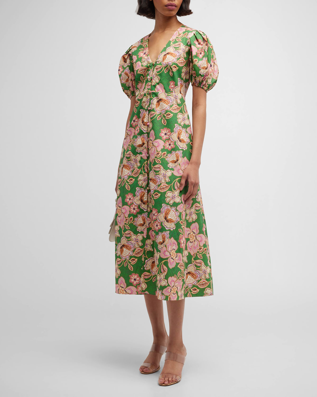 Misa Betty Puff-sleeve Floral Cotton V-neck Midi Dress In Kelly Blossoms