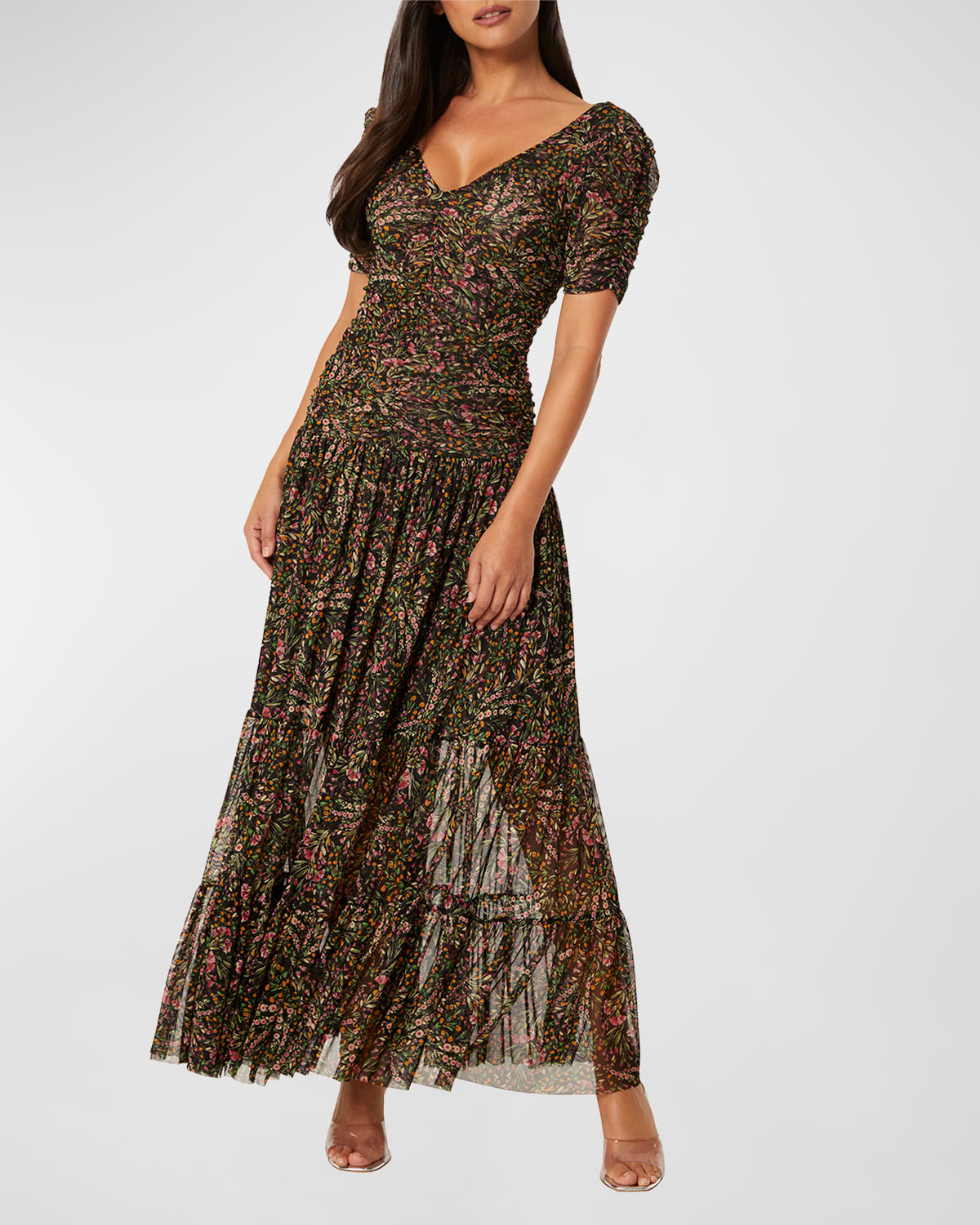 MISA Los Angeles Rebecca Short-Sleeve Tiered Chiffon Maxi Dress